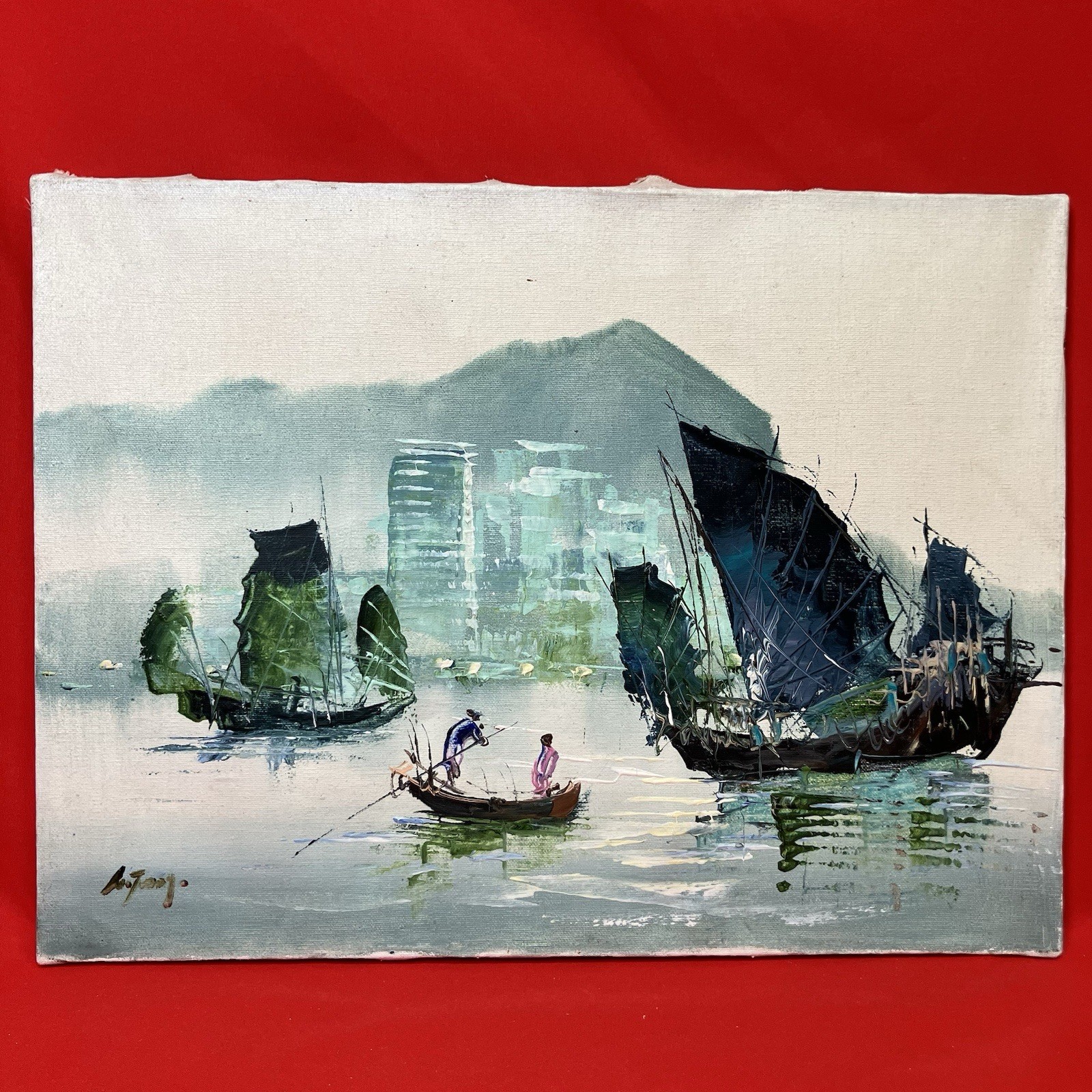 Vintage Impressionist Canvas Oil Painting / Harbor Junk Boats / Signed /Unframed
