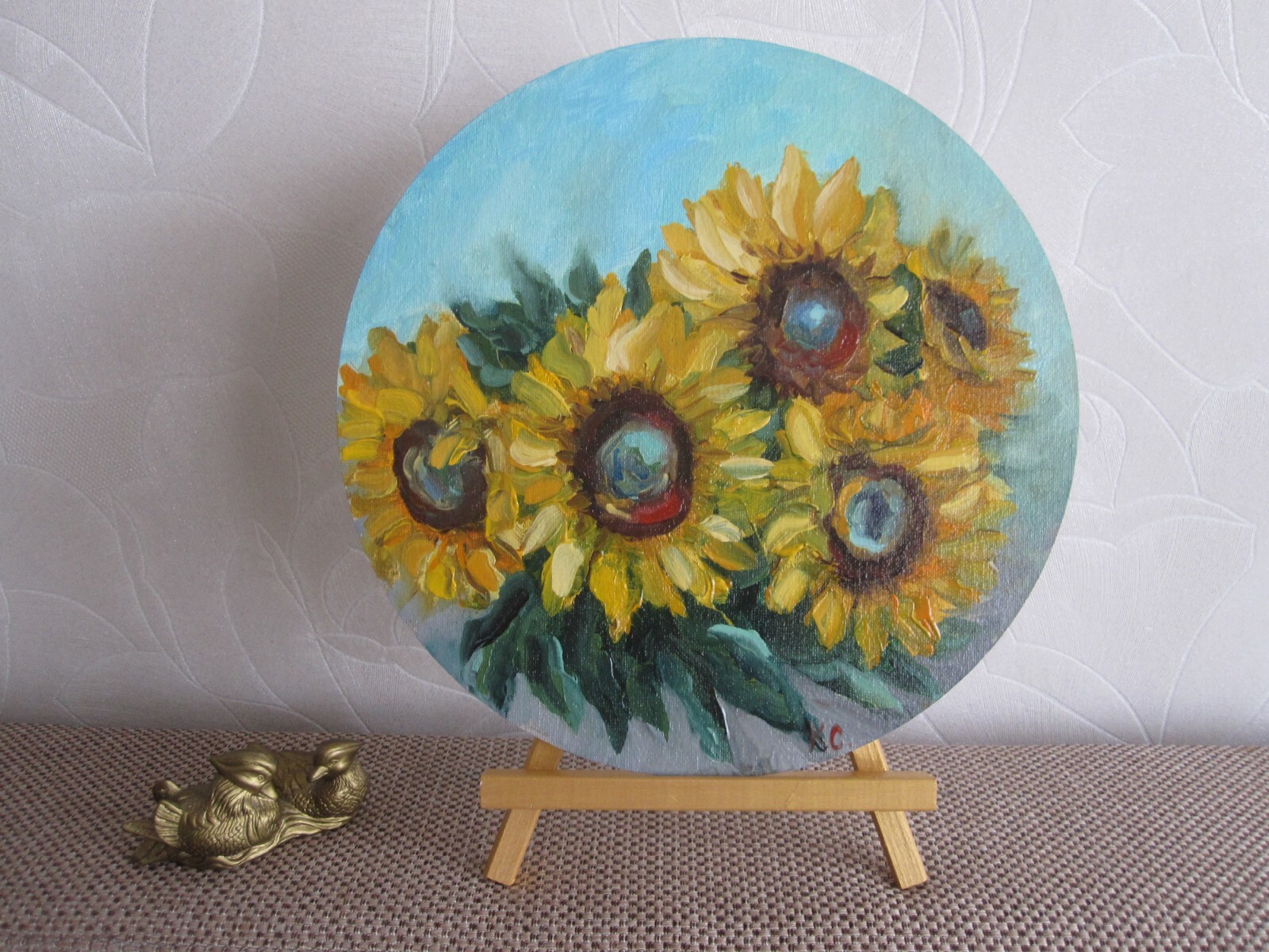 sunflowers original oil painting, sunflowers wall art, round painting on canvas