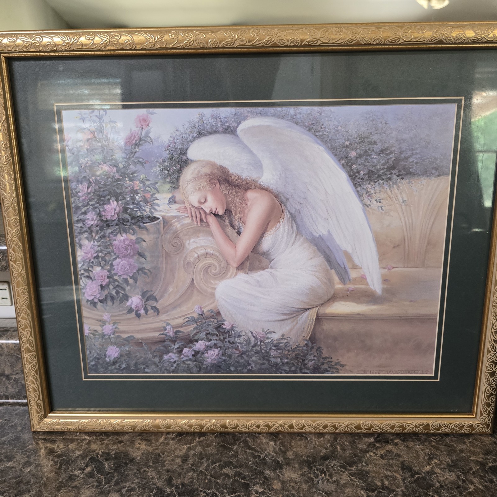 Lovely Frame And Matted Print Of A Gorgeous Angel With Flowers 1996