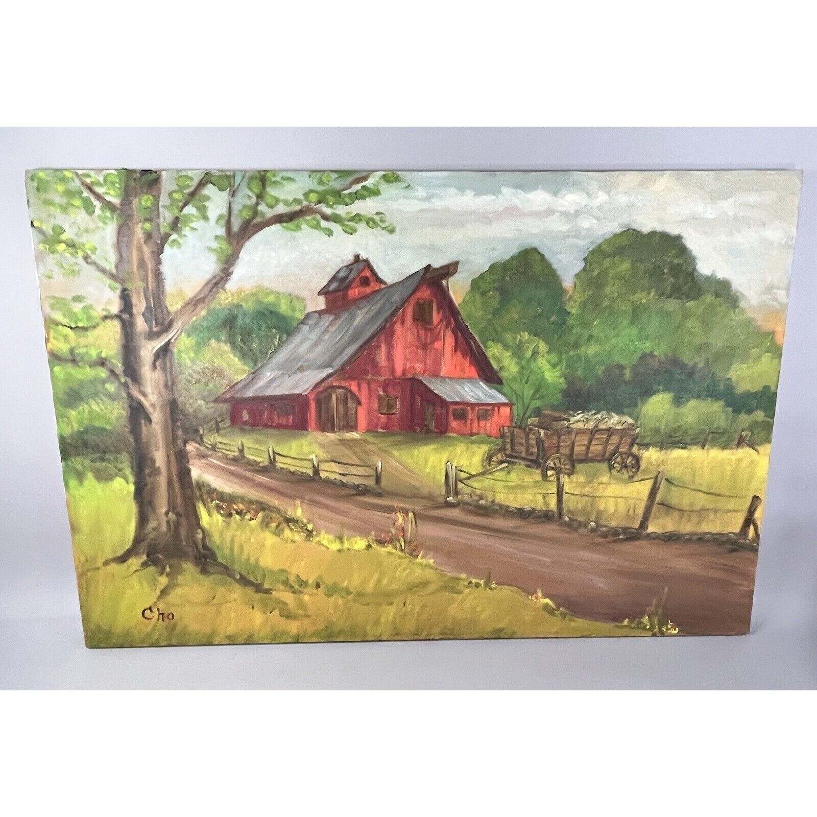 Landscape Farmhouse Red Barn Dirt Road Painting, Signed Cho Vintage Mid Century