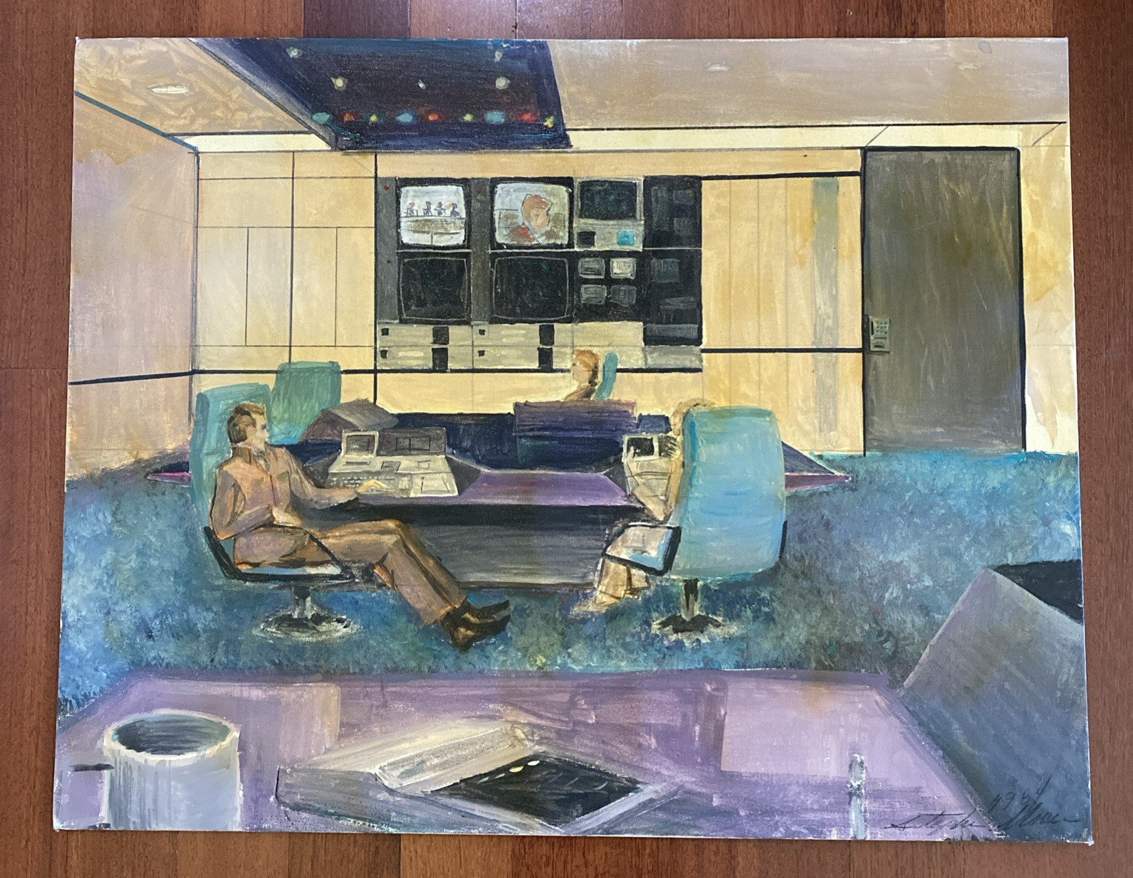 Original Vintage MCM inspired Command Center Technical Rendering Painting