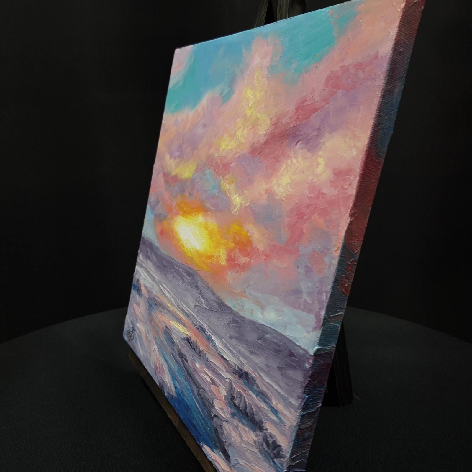 Original Oil Painting Winter Sunset Landscape Palette Knife Impressionist Art