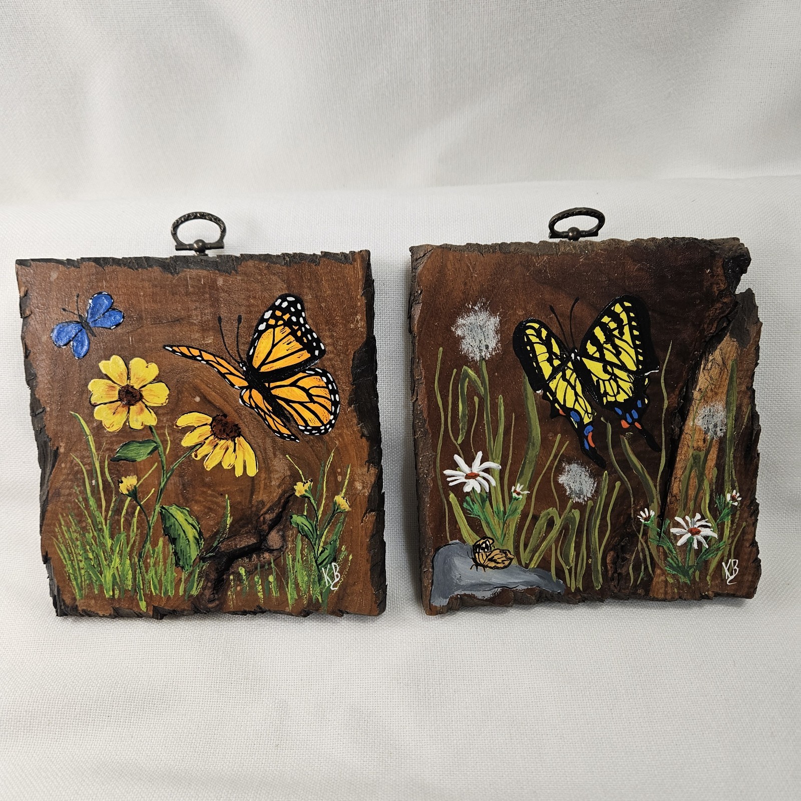 Vtg Floral Butterfly Painted Wood Folk Art Americana MCM Set of 2 Cottagecore