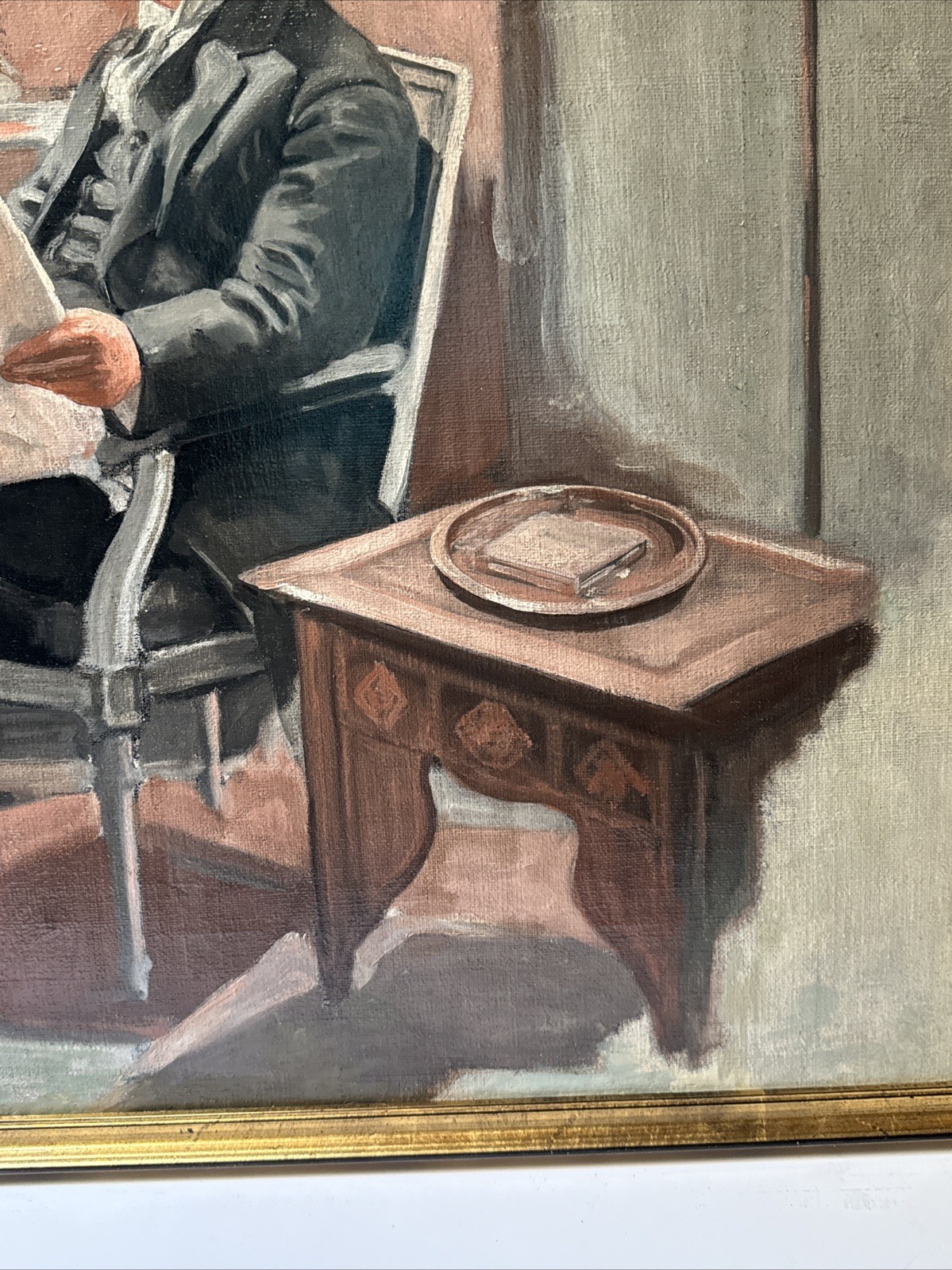 Antique Art Deco Painting Portrait Man Men Reading Large Oil Mystery 1920’s