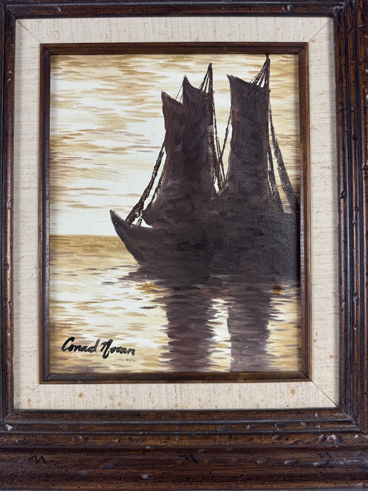 Signed Realist Impressionist Painting of Ships at Sea 15×17 Inches Framed Art