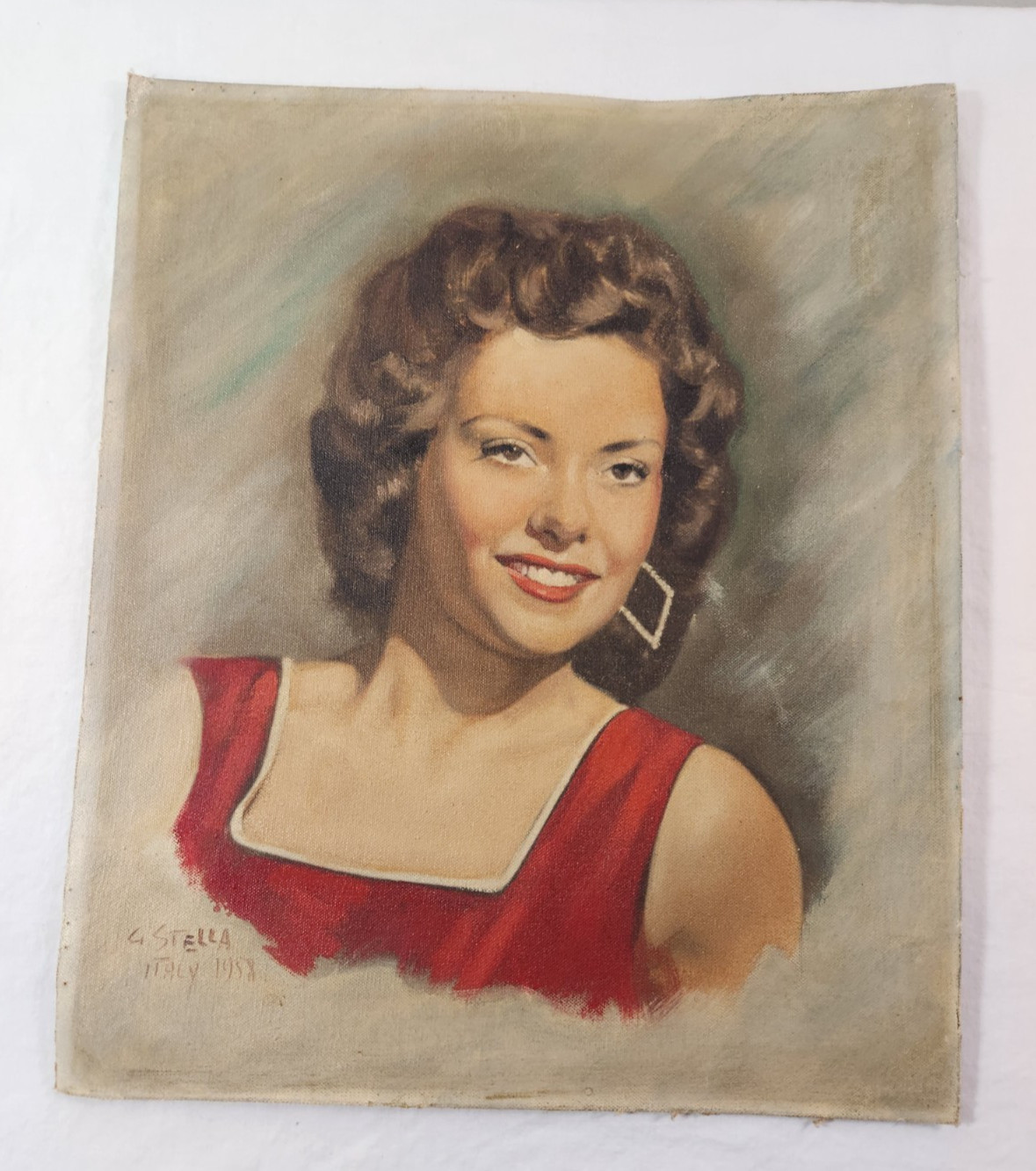 Oil Painting PORTRAIT Italian Woman Red Blouse 1958 12″x 15″ Sign G Stella Vtg