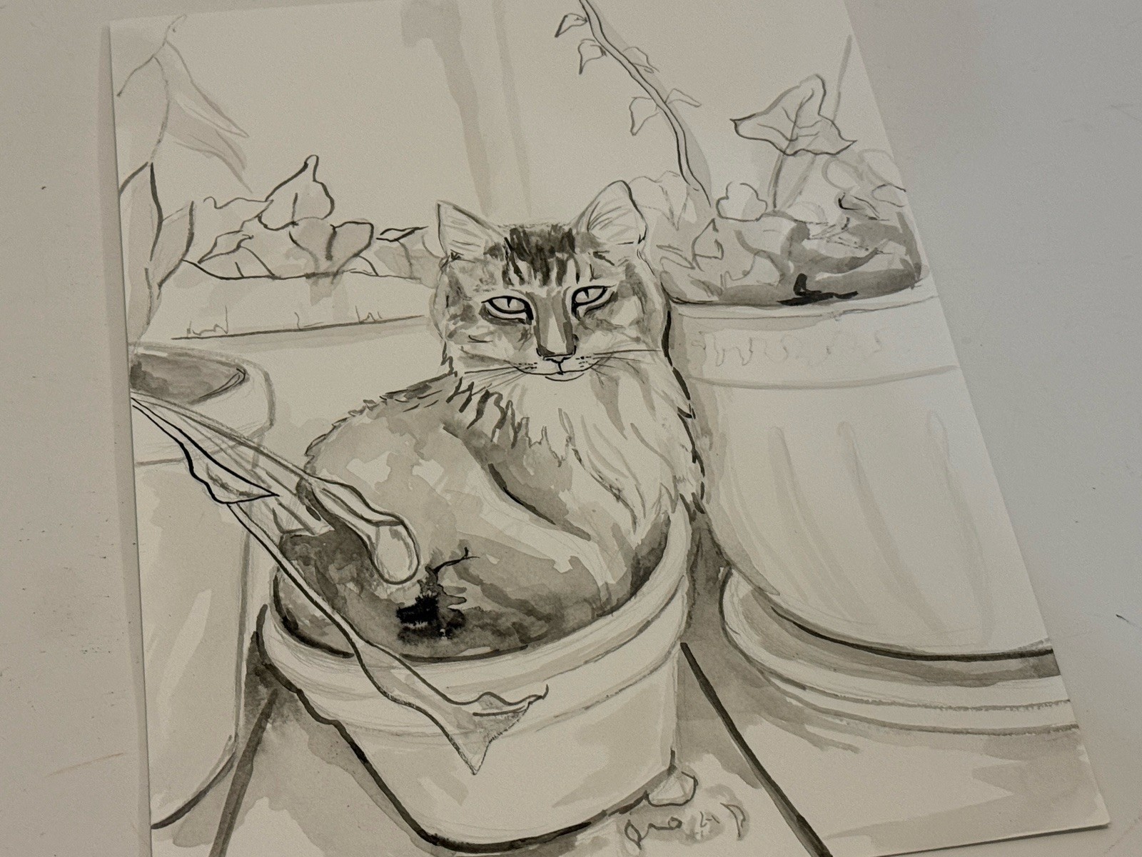 Original Ink Drawing “The Cat” 9×12 Hand-Painted Painting OOAK Portrait Art