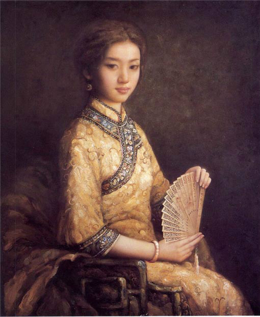 Hand painted art oil painting beautiful young chinese lady seated holding fan