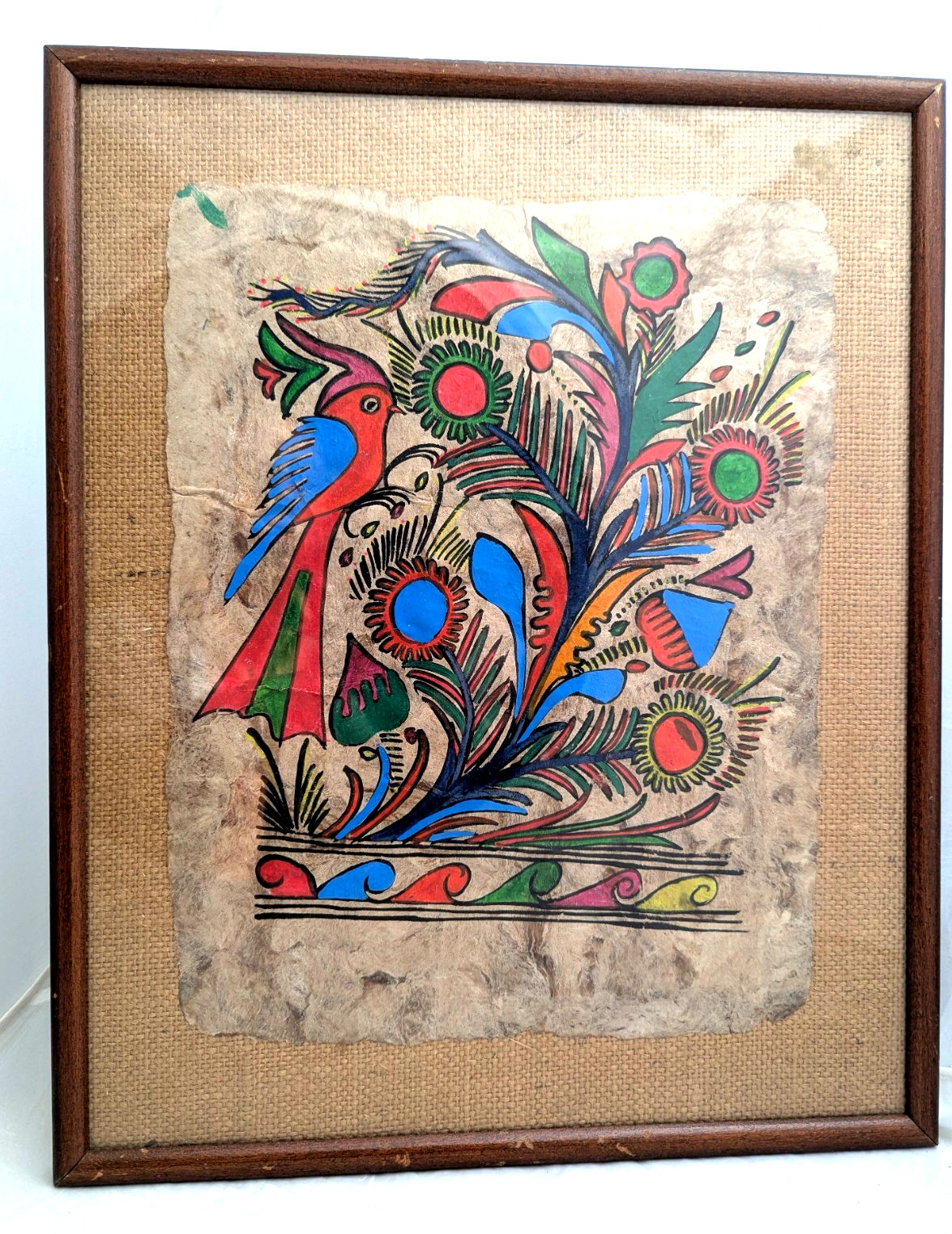 VTG Mexican Amate Bark Paper Folk Art Painting Bird Floral Glass Wood Framed