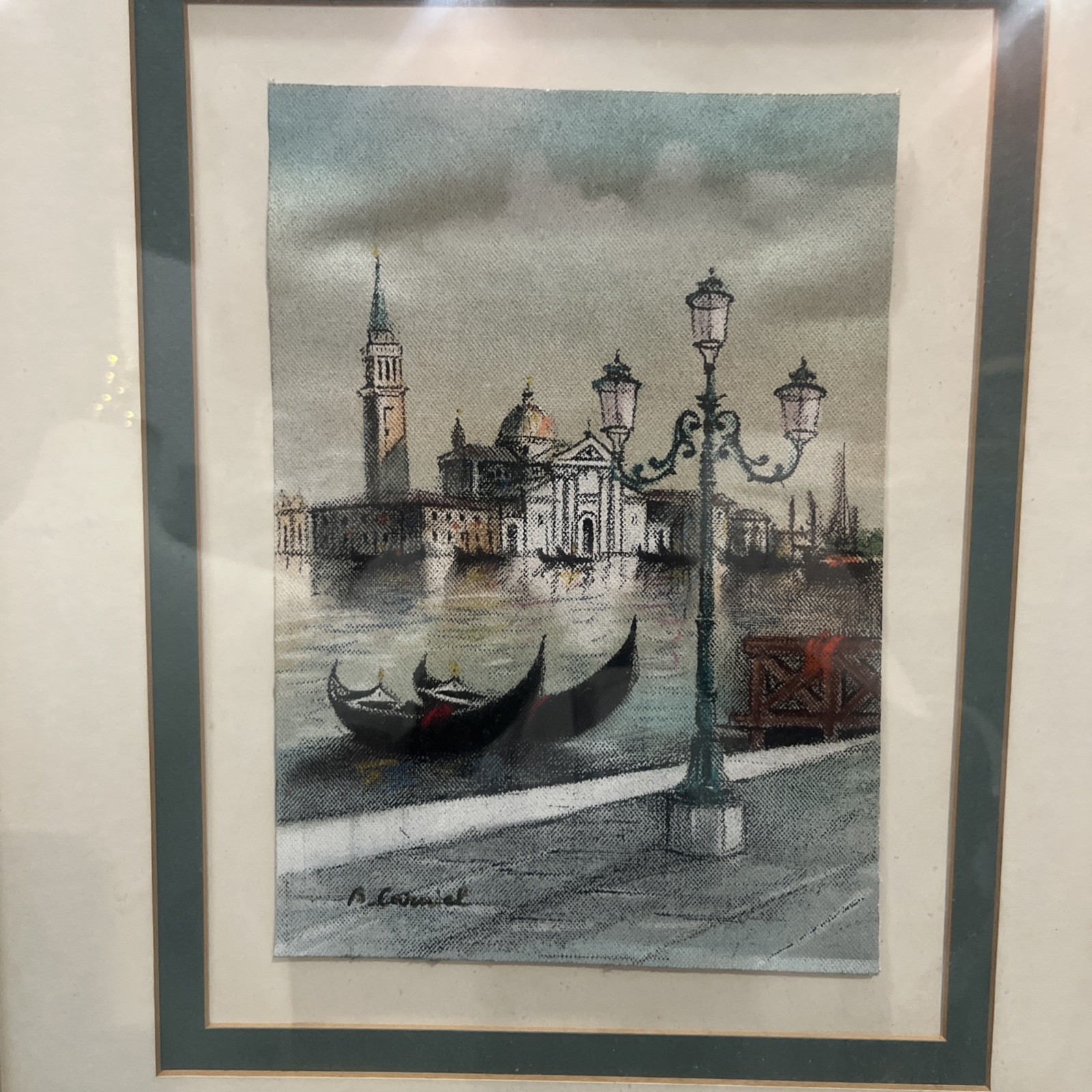 Vintage Framed Print? Venice Gondolas Cityscape Artist Signed Watercolor?
