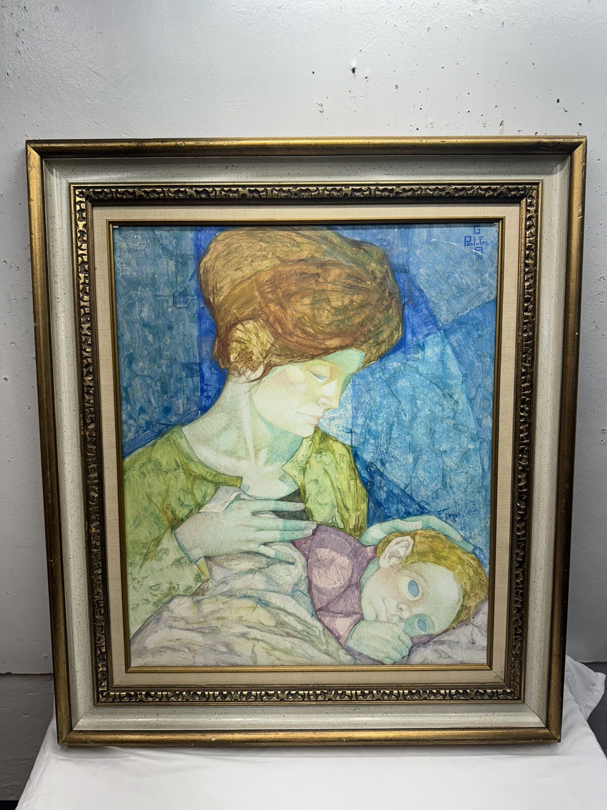 GABRIEL PORTOLES MODERNIST FAMILY PORTRAIT 1976 MID CENTURY PAINTING FRAMED