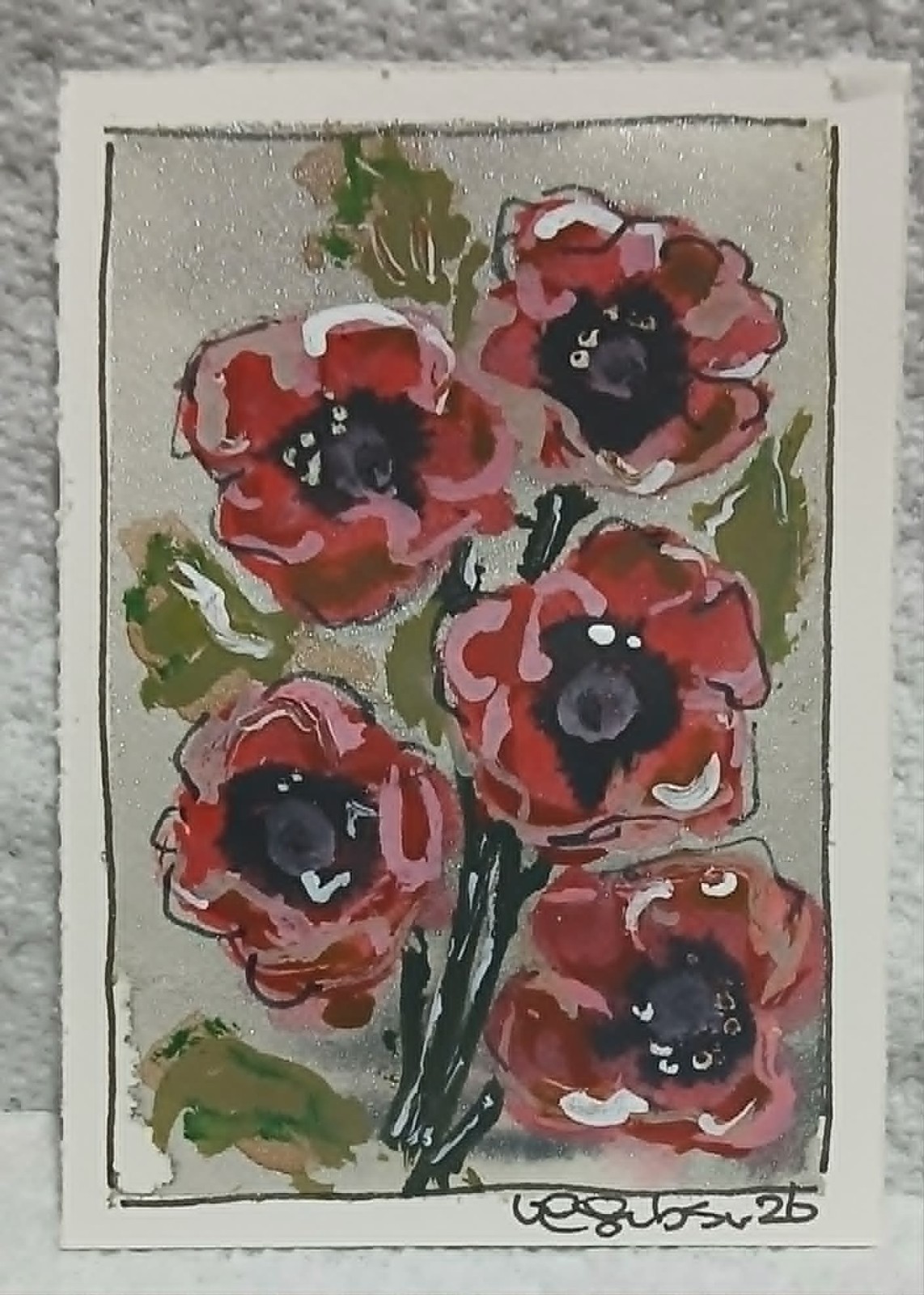 Oriental Poppies Loose Watercolor Scribble ACEO OOAK Silver background
