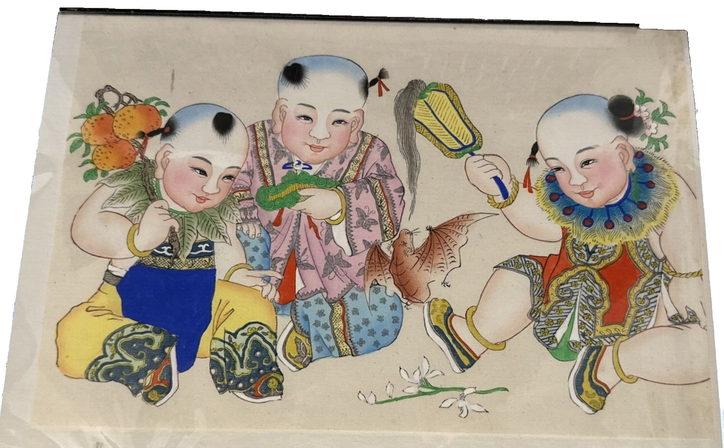 Vintage Chinese Watercolor Painting 3 People & Flying Bat Unsigned 11 1/2″ x 8″