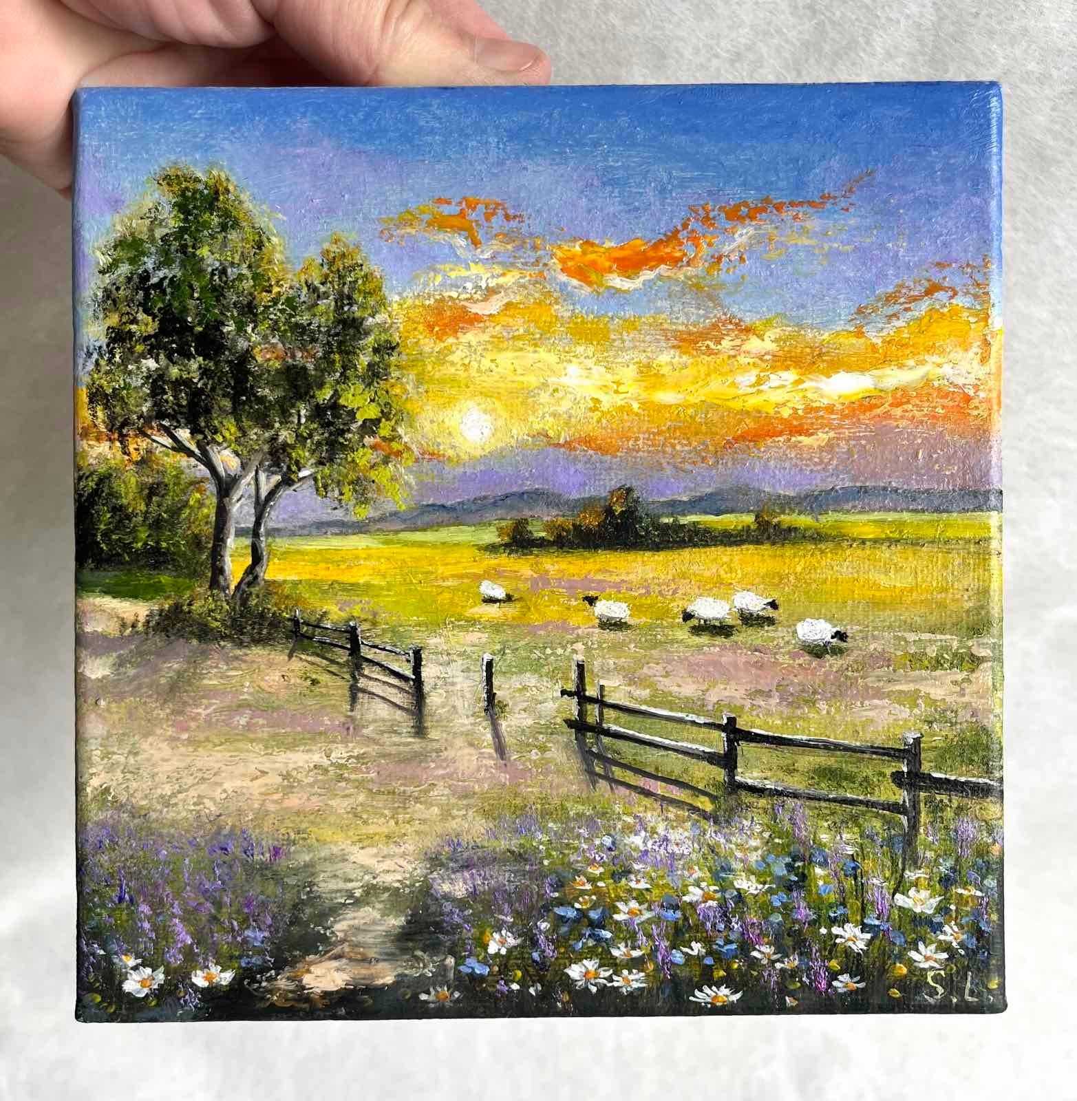 Summer Original Oil Painting Rural Landscape Sunset Sheep Pasture Art 6 x 6 in