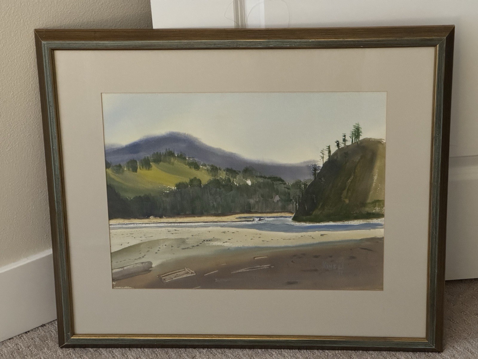 Watercolor Landscape Original Art Signed Kinzel Vintage 1971 Framed Water Inlet