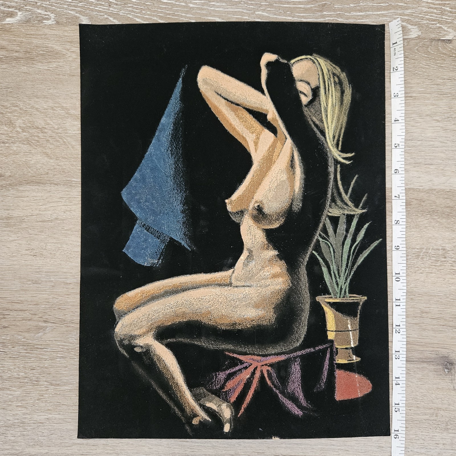 Vintage Black Velvet Nude Painting Seated Blonde 1970s 16×12 Art