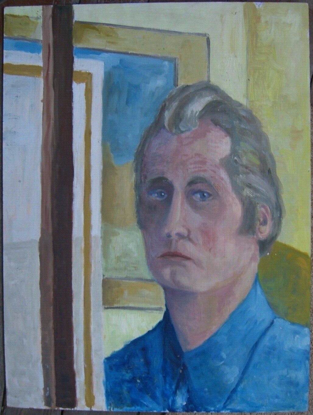Portrait Man Traurig Raum Hemd Blau Altbau Mimik Geste Gemälde Acryl Antik