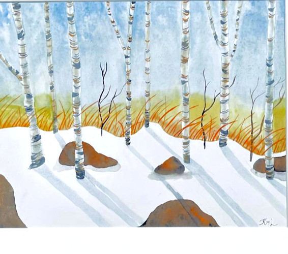 PAINTING WATERCOLOR ORIGINAL ART LANDSCAPE TREES WINTER BIRCH 11X14 & MAT 16X20