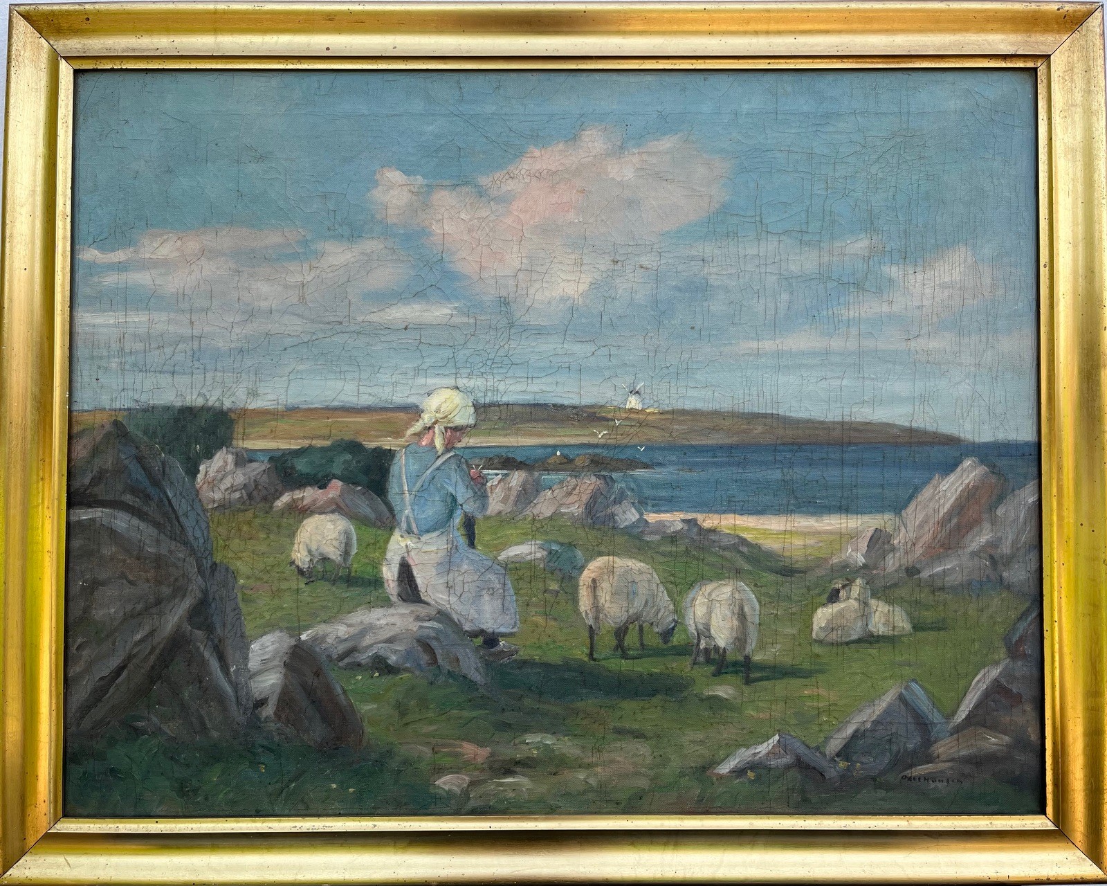 Impressionist Axel Hansen 1896-1936 Coastal Landscape with Woman and Sheep Oil Painting