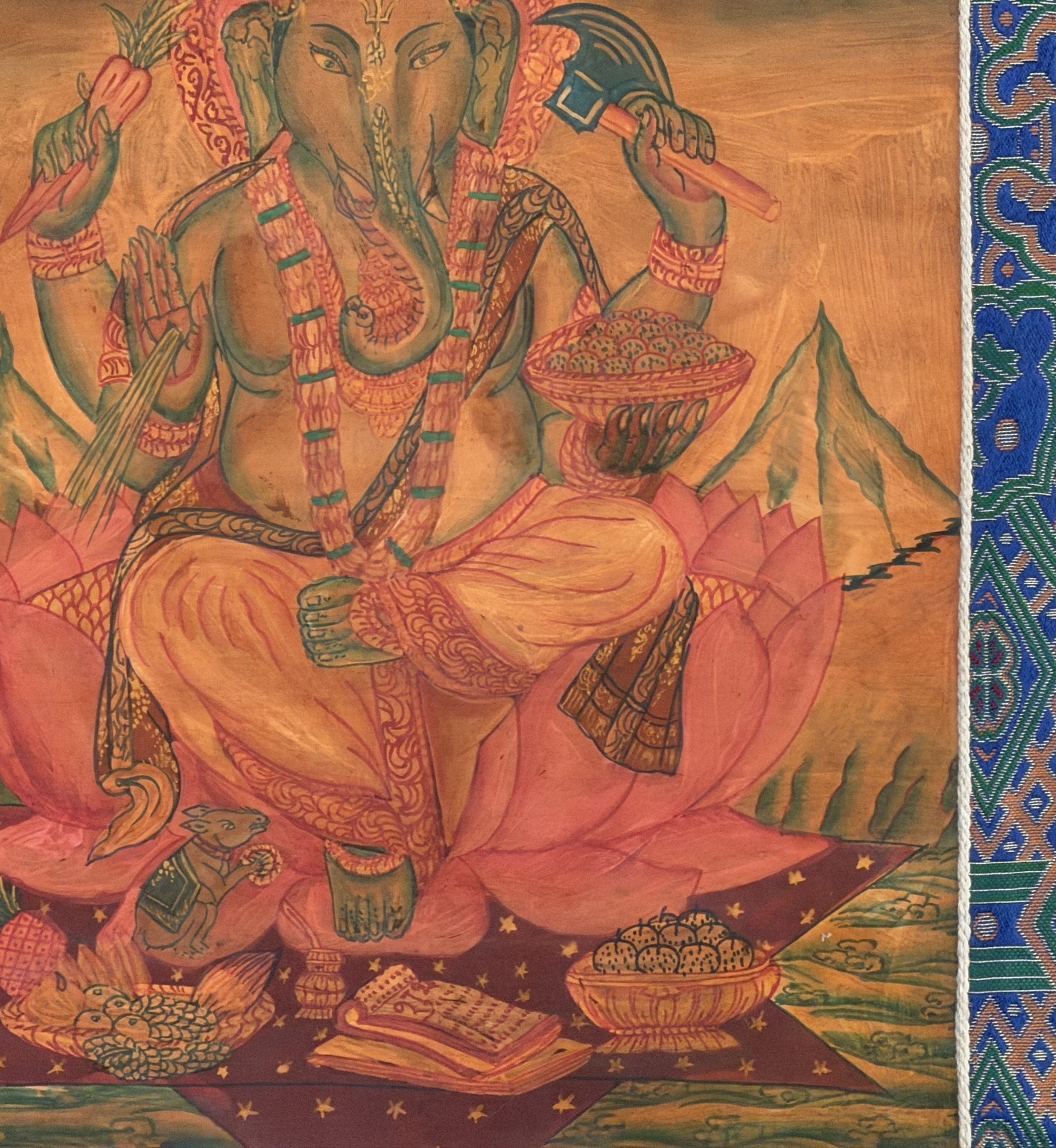 HAND-PAINTED NEWARI GANESHA THANKA PAINTING, OIL VARNISHED, SILK BROCADE MOUNT