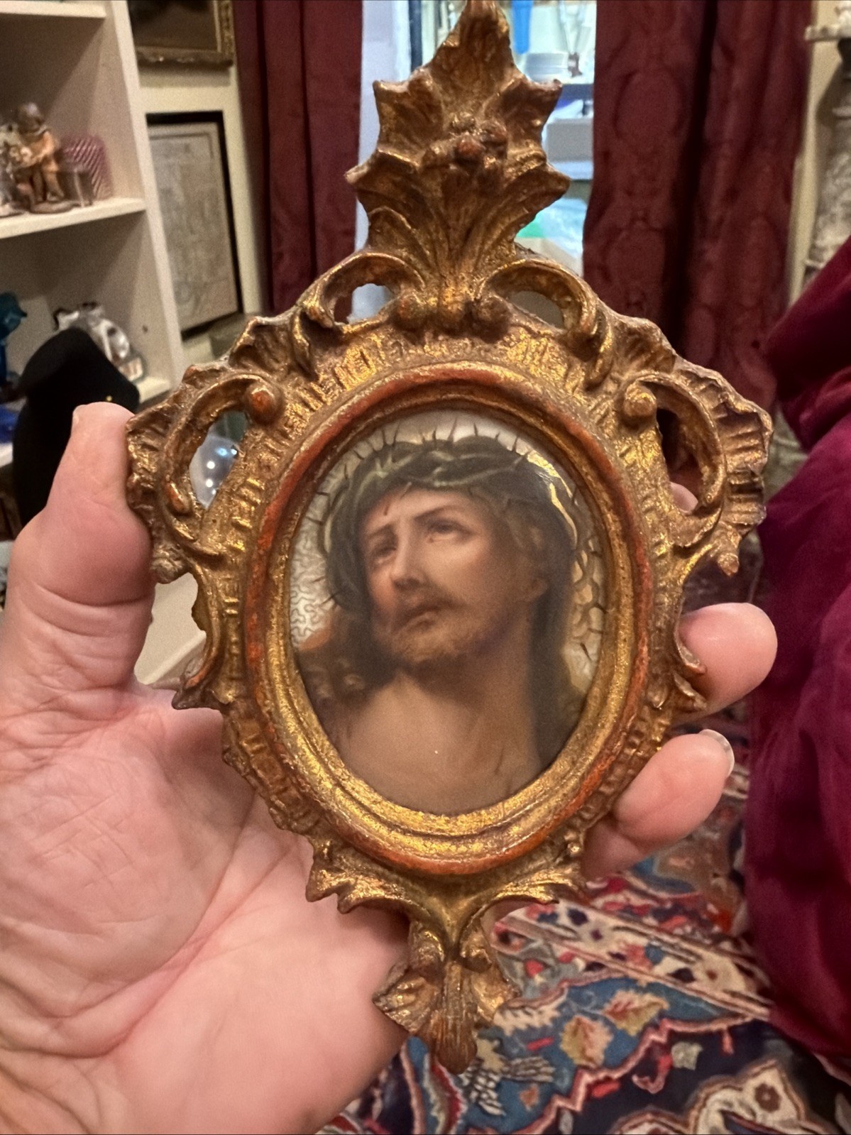 Antique Portrait of Christ on Porcelain in Gold Gilt Carved Wood Frame 7 3/8″