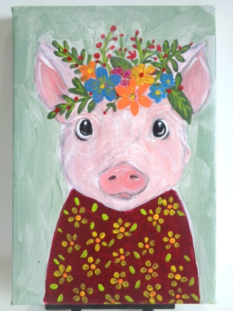 One Of A Kind Original CUTE COUNTRY FARM LITTLE PIG Acrylic Painting On CANVAS