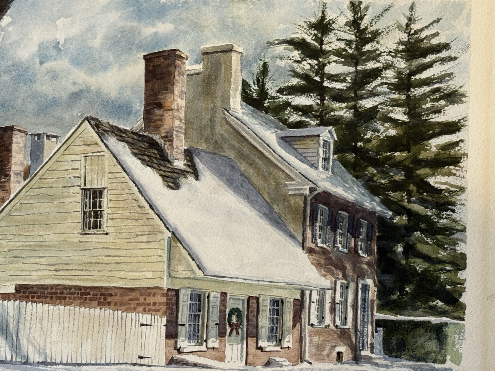 Original Vintage Signed “Alexander” Watercolor Painting Winter Colonial House