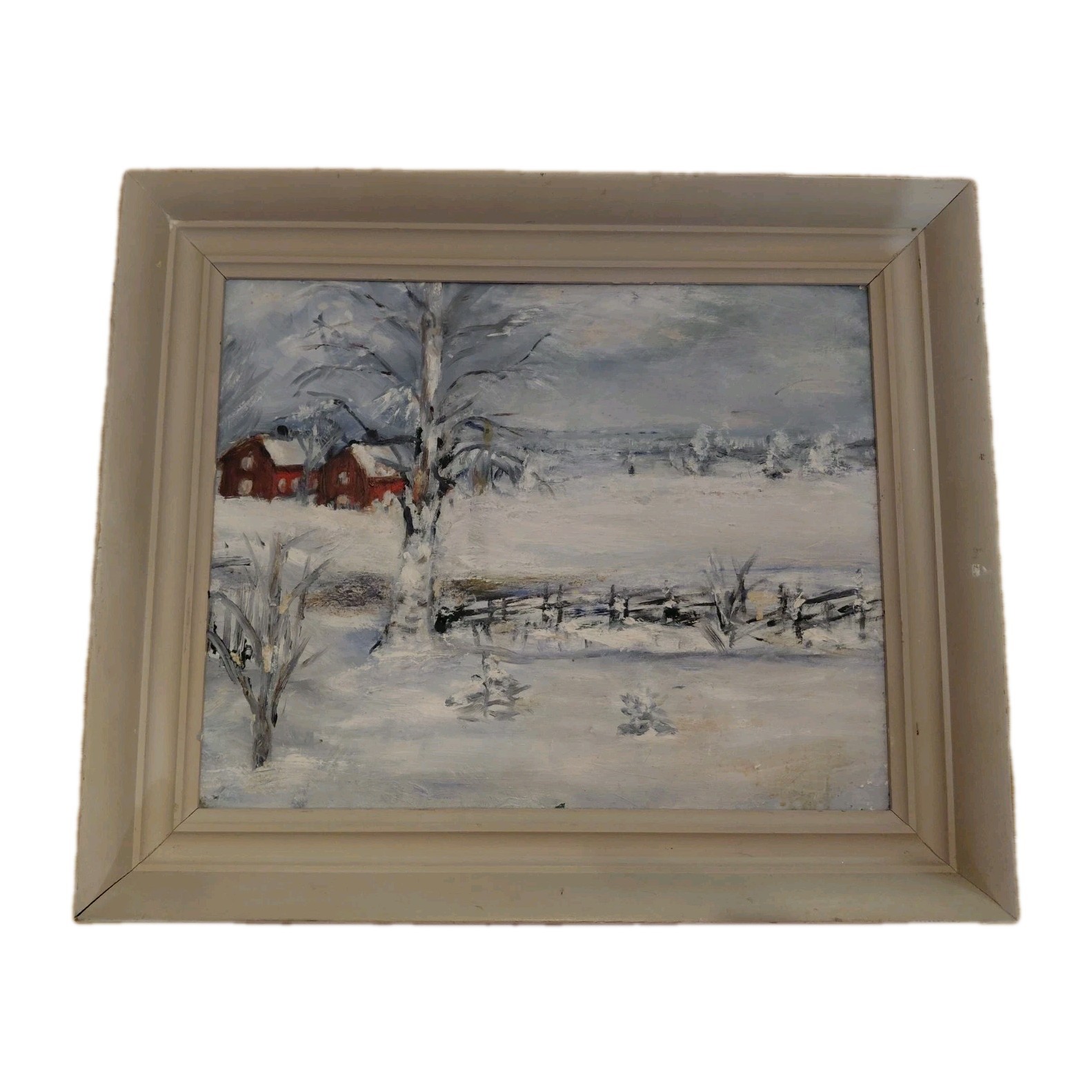 Vintage Winter Barn Framed Painting 19.5inx16.5in