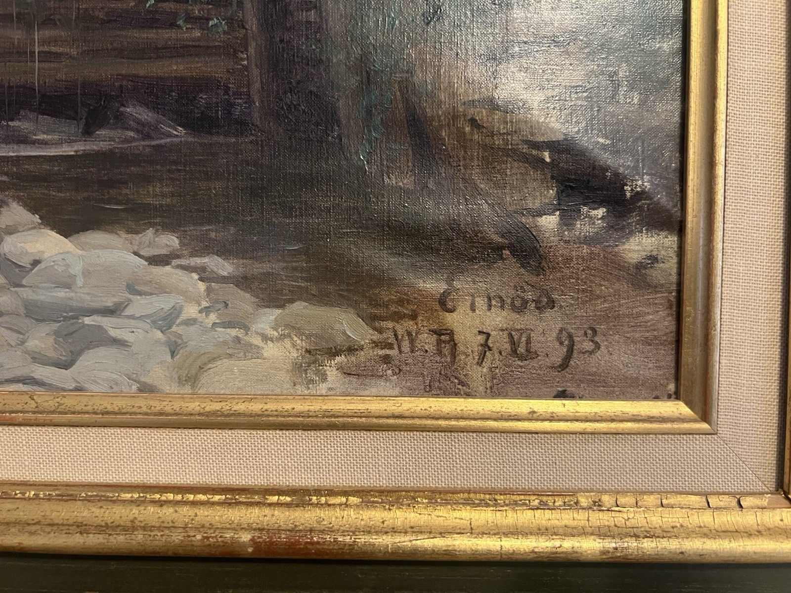 Antique 1800’s Landscape Oil Stretch Canvas Signed WR July 7 1893
