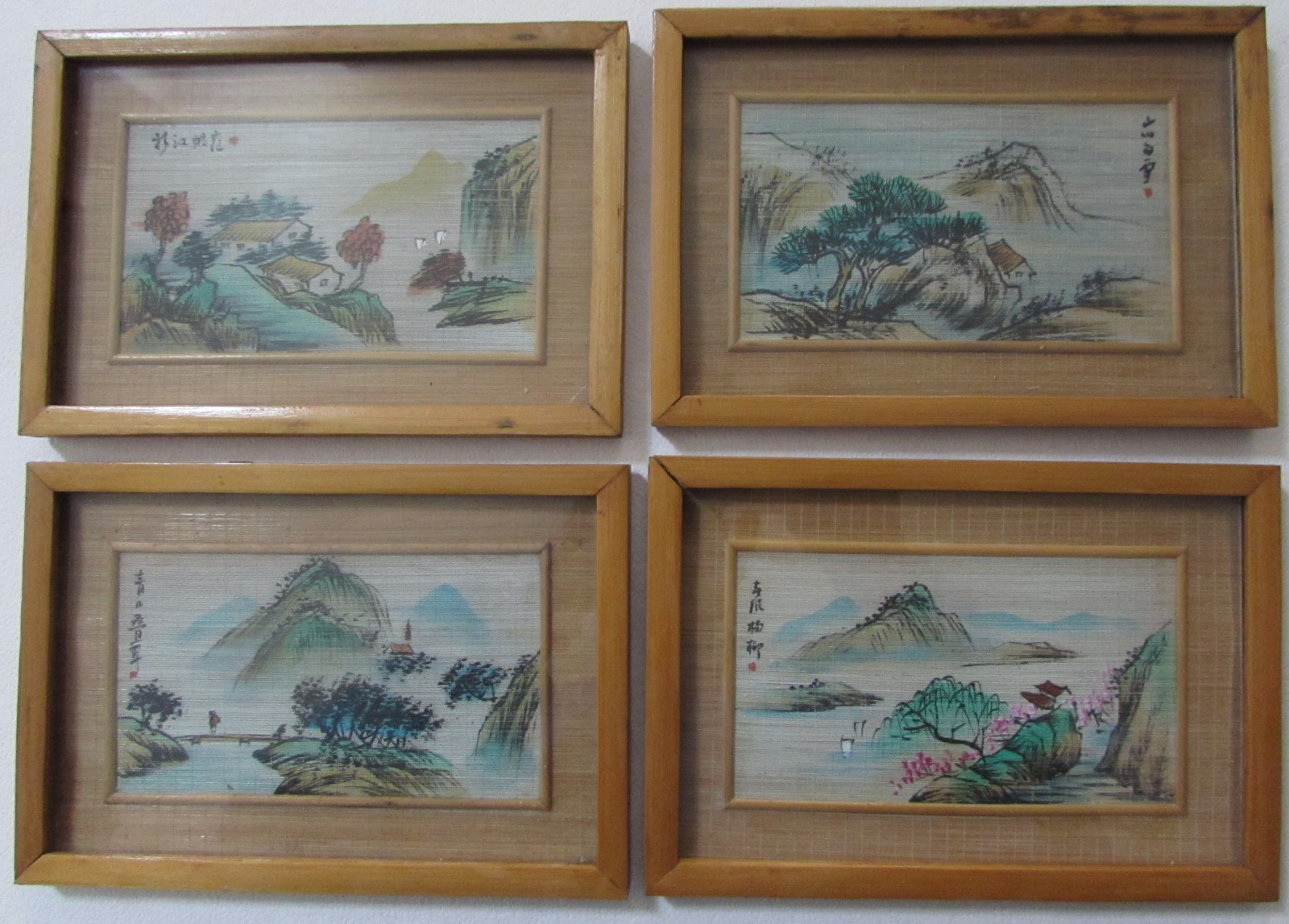 VINTAGE 4 MATCHING ASIAN HAND PAINTED ON BAMBOO OLD ARTWORK, IN FRAMES SIGNED ?