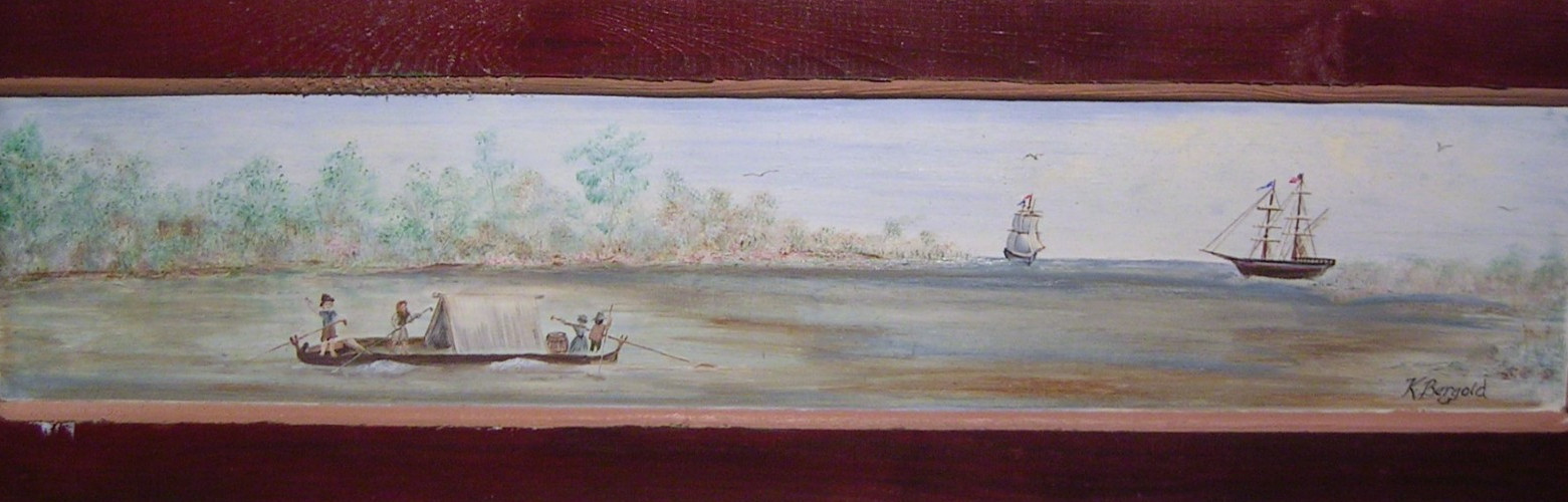 Vtg Folk Art Figures in Landscape Oil Painting Ships at Sea Signed