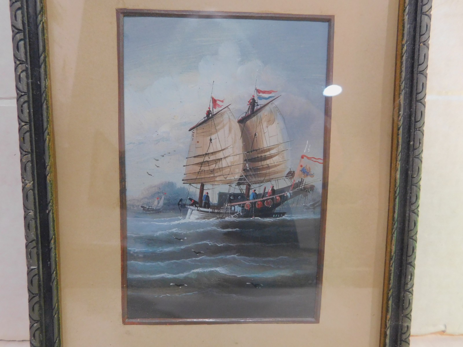 Original Antique Oil Chinese Junk Warlord ship painting, small 6 1/2 x 4 1/4