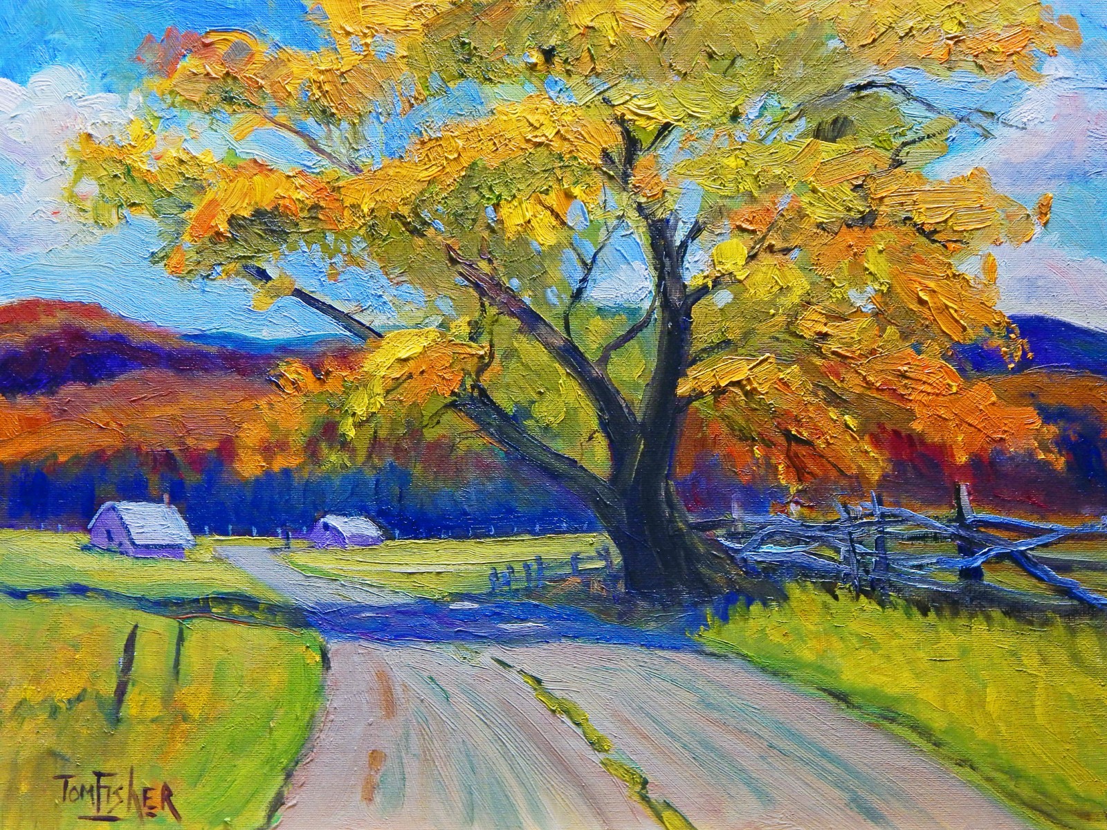 road autumn tree mountains realistic Impressionism oil Painting landscape Fisher
