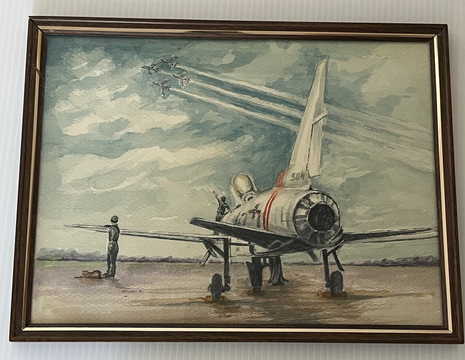 US Air Force Plane Painting F-100 Single Engine Air Show Formation Mid Century