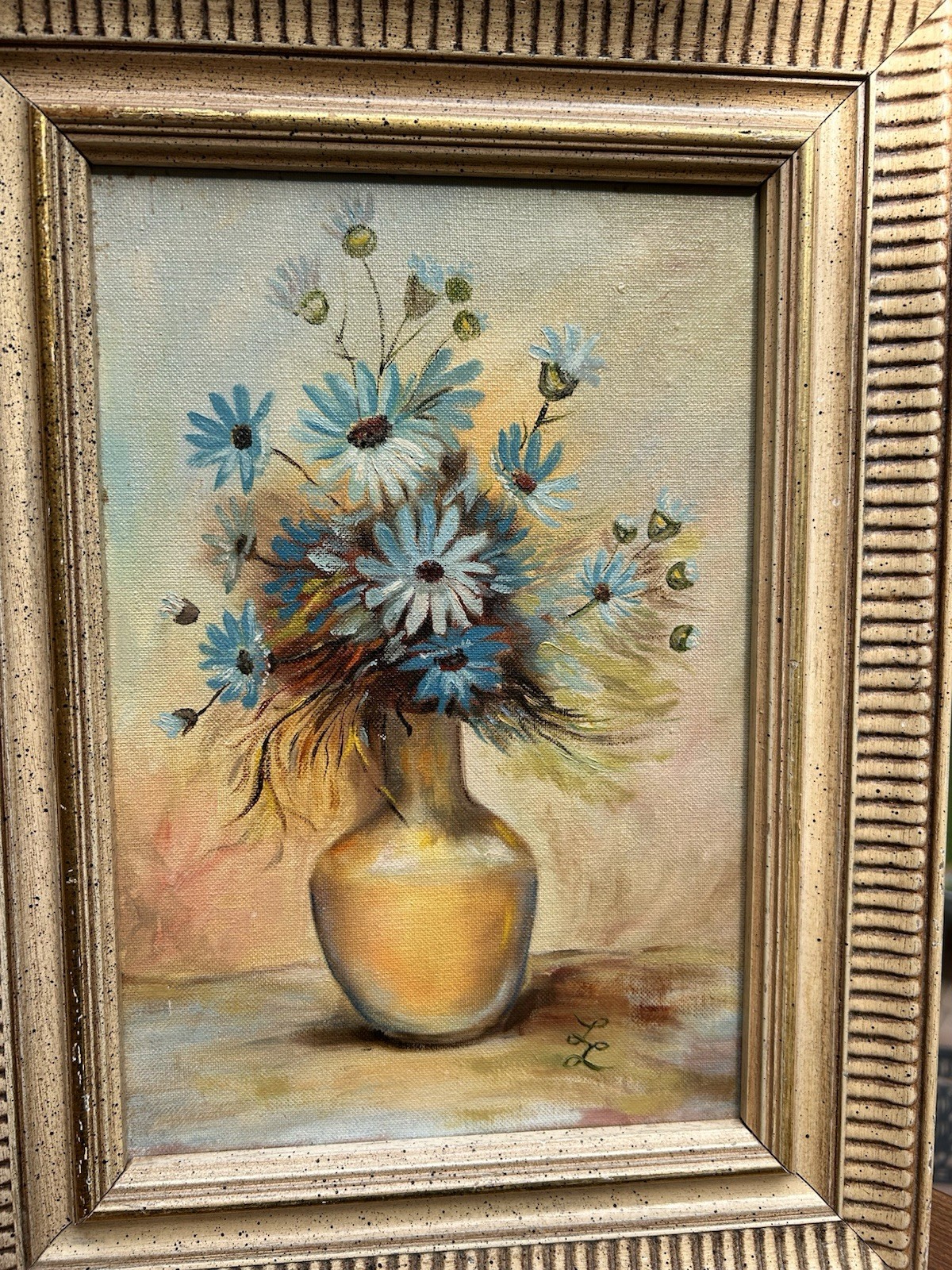 Canvas Oil Painting Blue Flowers In Vase Wood Frame Signed LL By Artist
