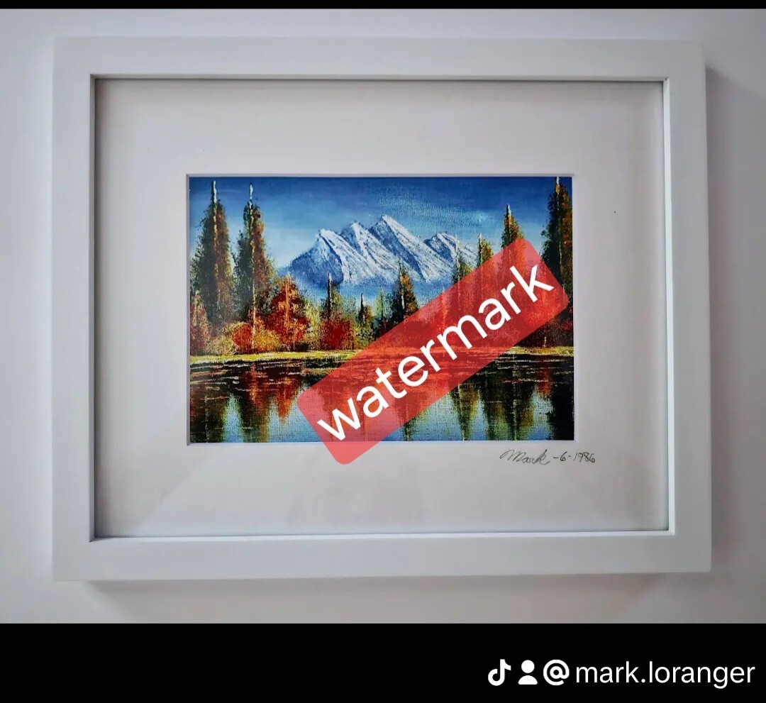 Mountains And Lake Oil Painting 5×7 Print With 8×10 Matt,Frame Signed By Mark L.