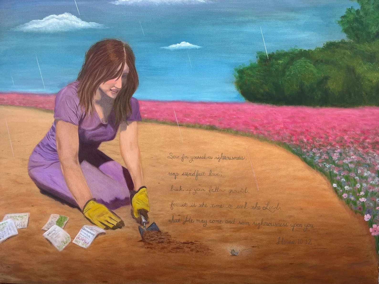 Woman Garden Bible Verse Original Oil Painting on Canvas 30″x24″ Home Decor