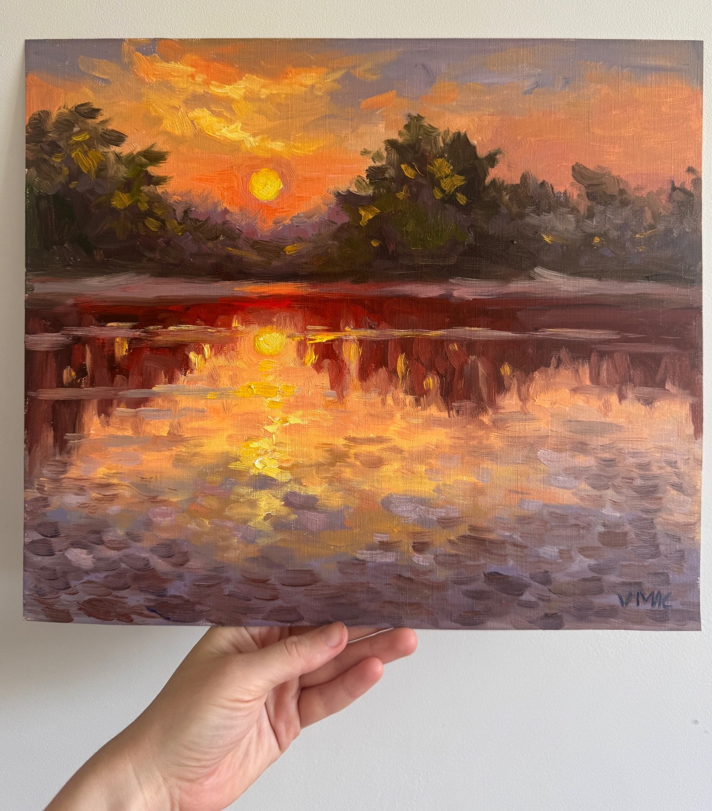 Original Oil Sunset Painting Impasto Landscape Signed Canvas 12×14 inch Art