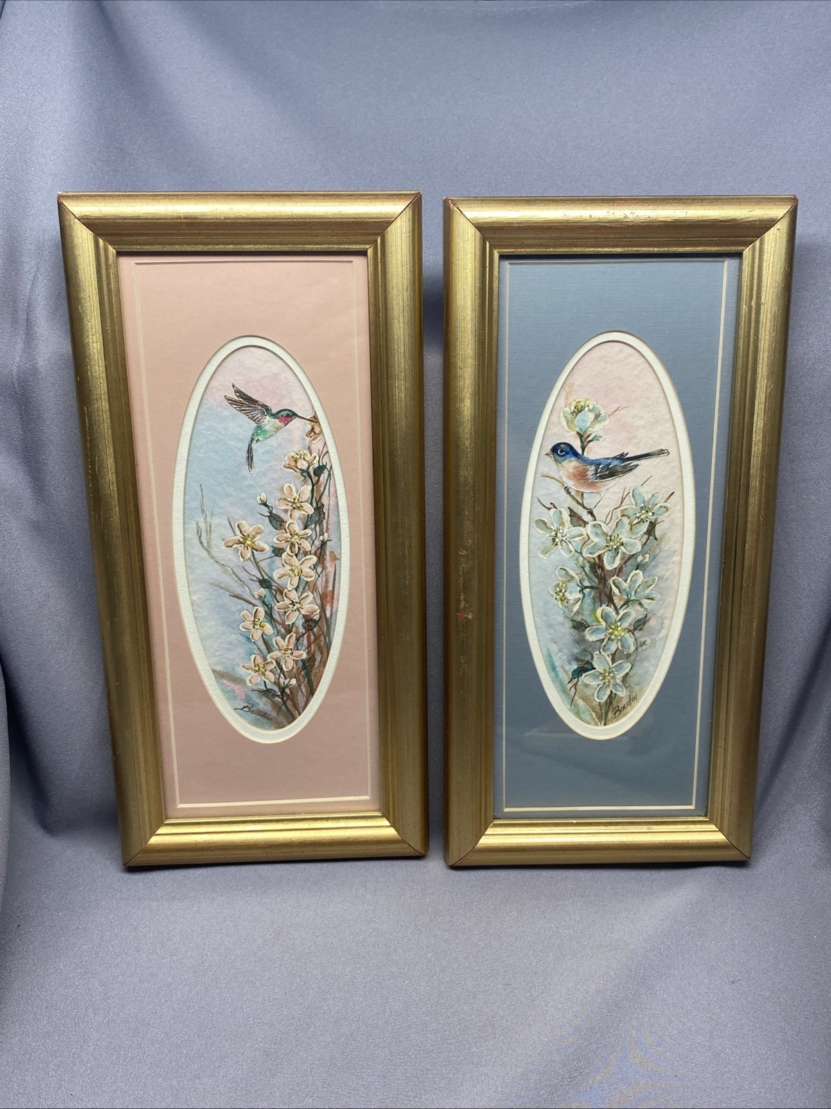 LOT 2 VINTAGE PRINCETON MINNESOTA DAVID BOUDIN WATERCOLOR FLORAL BIRDS PAINTINGS