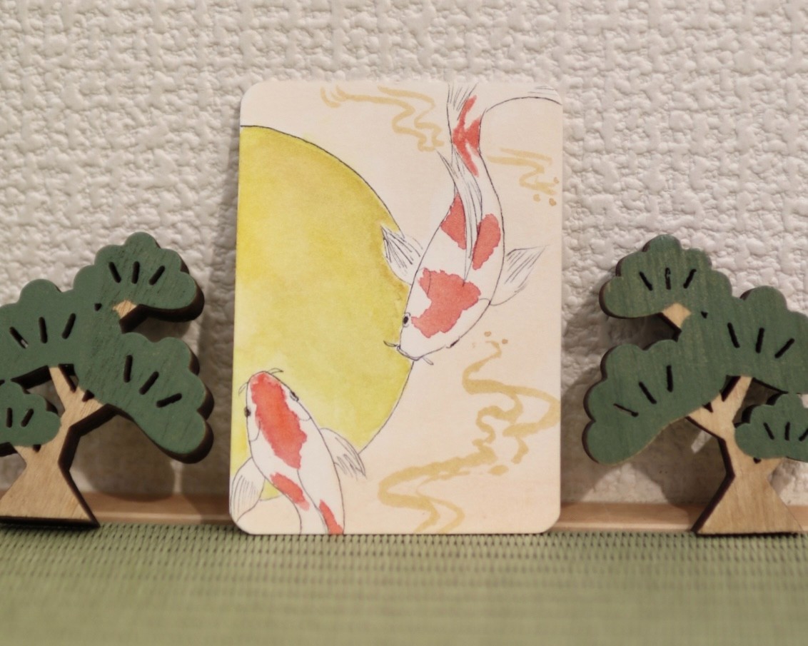 ACEO Original Watercolor & Ink – Koi Fish Moon Japanese Ukiyo-e Art