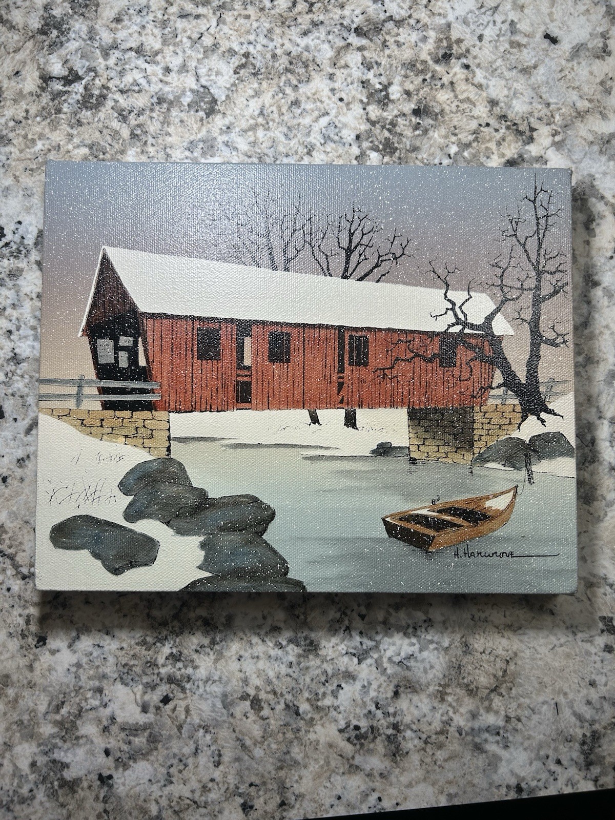 H. Hargrove Vintage Snowy Covered Bridge Canvas Painting