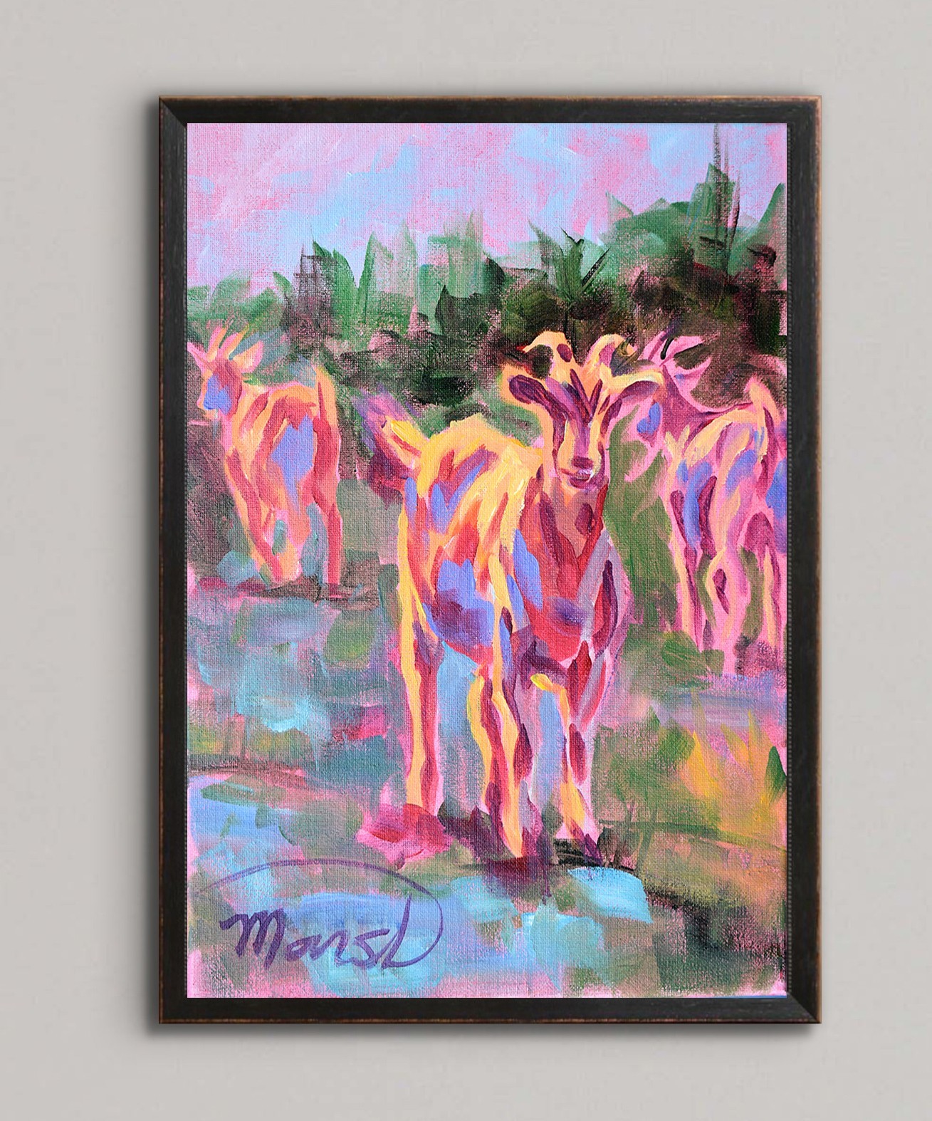 Original Bold 11×14 Impressionist Goats Painting Acrylic Canvas Signed Decor