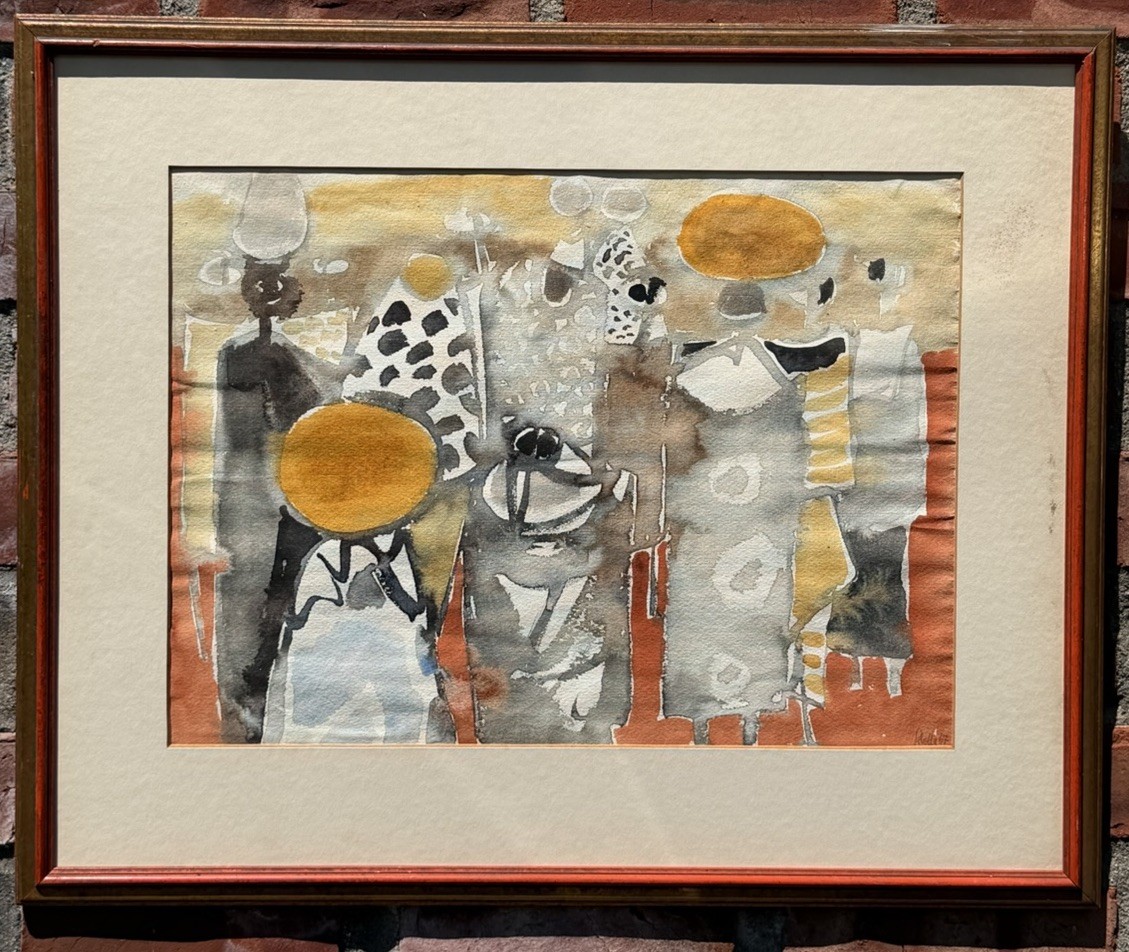 Illegibly Signed 1967 Figural Abstract Expressionist Watercolor Painting