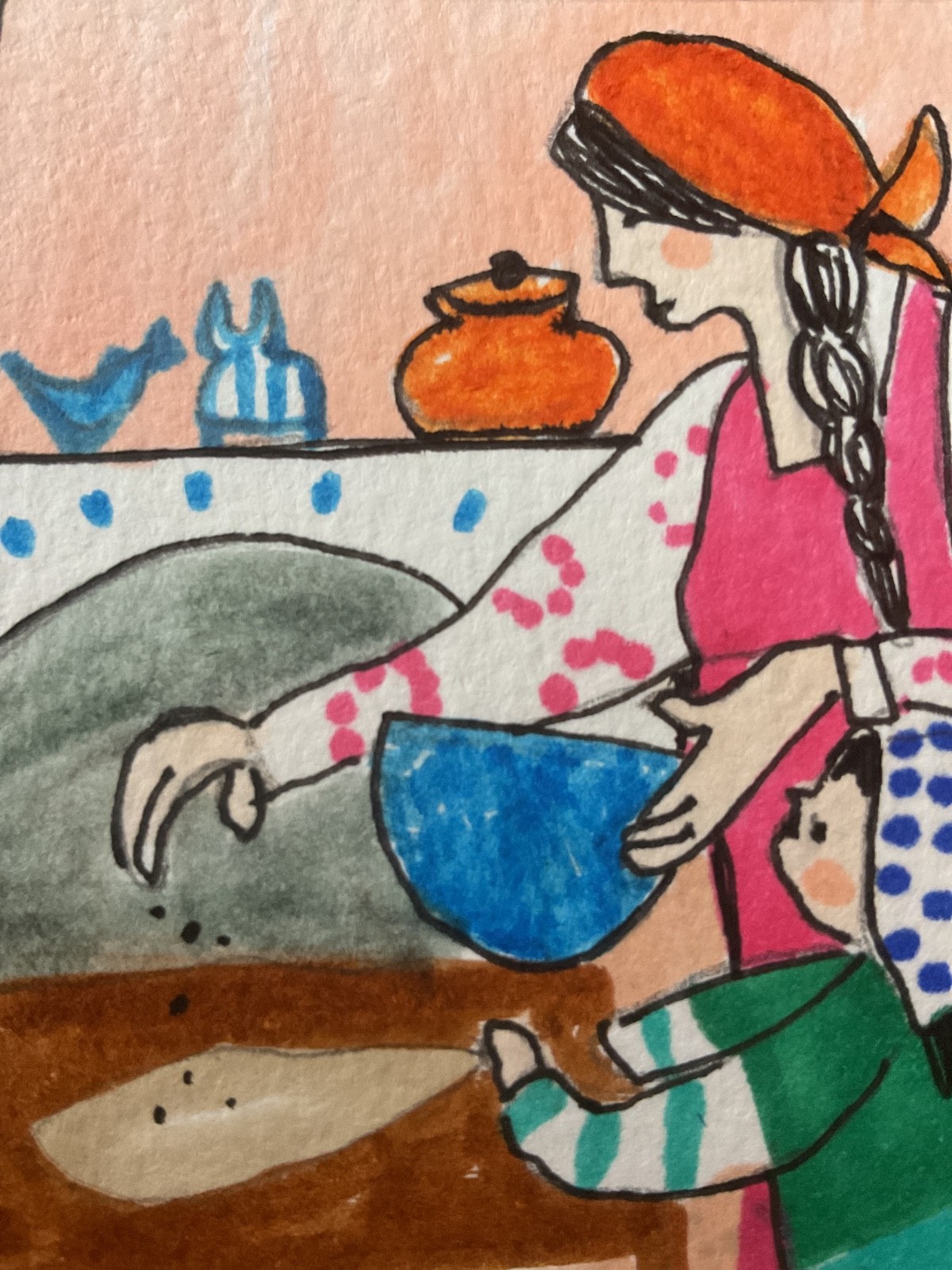 ACEO watercolor art by PJ, art card 2.5 x 3.5: mommy’s helper.