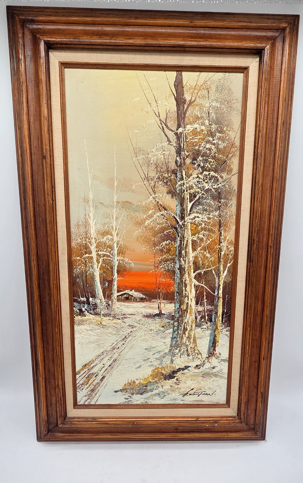 Vintage Mid Century Oil Painting Winter Cabin Landscape Impasto Signed F….
