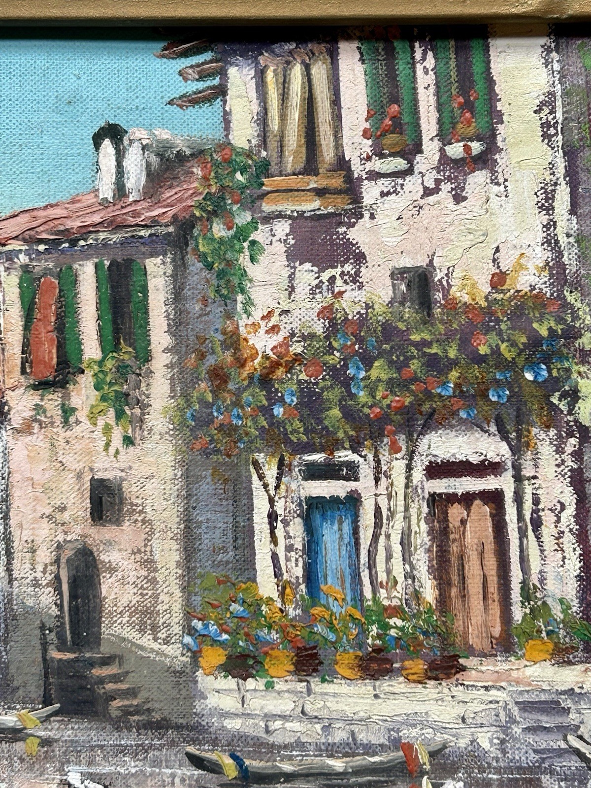Beautiful Vintage Italian Landscape Lakeside Village Scene Framed And Signed