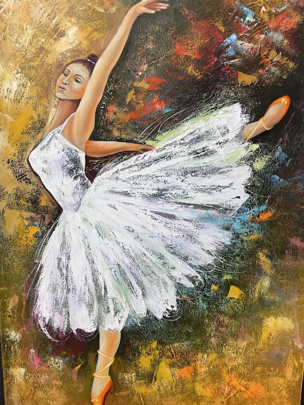 Original Colo mbian oil hand 33inx46.5in textured dancing ballerina white dress