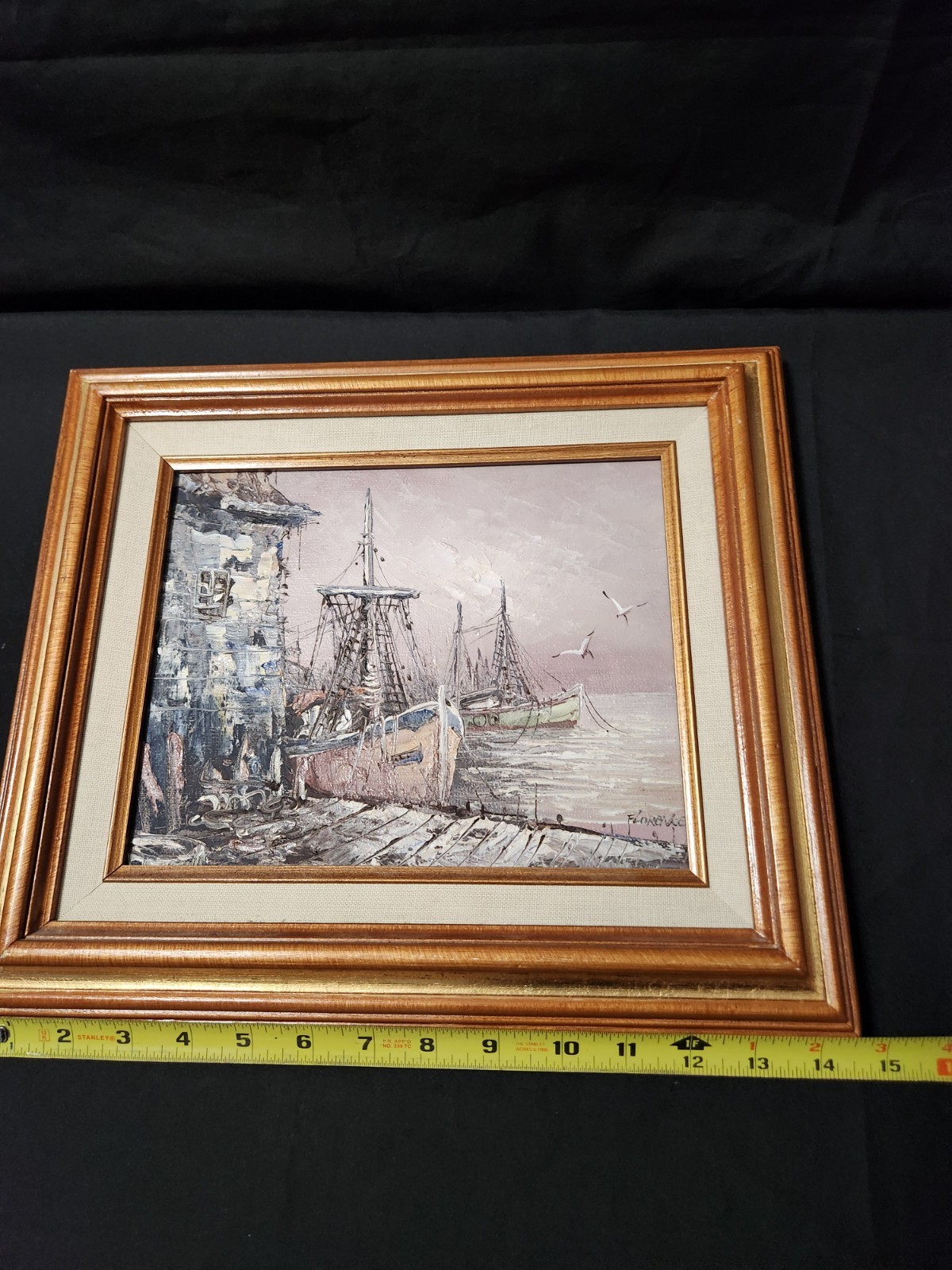 Vintage Framed Oil Painting Harbor Scene Fishing Boat Signed Florence Nautical