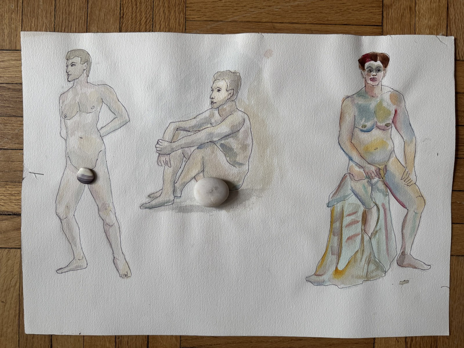 Vintage Watercolor Study Painting Three Men Peter Feldman 14 x 20 1981