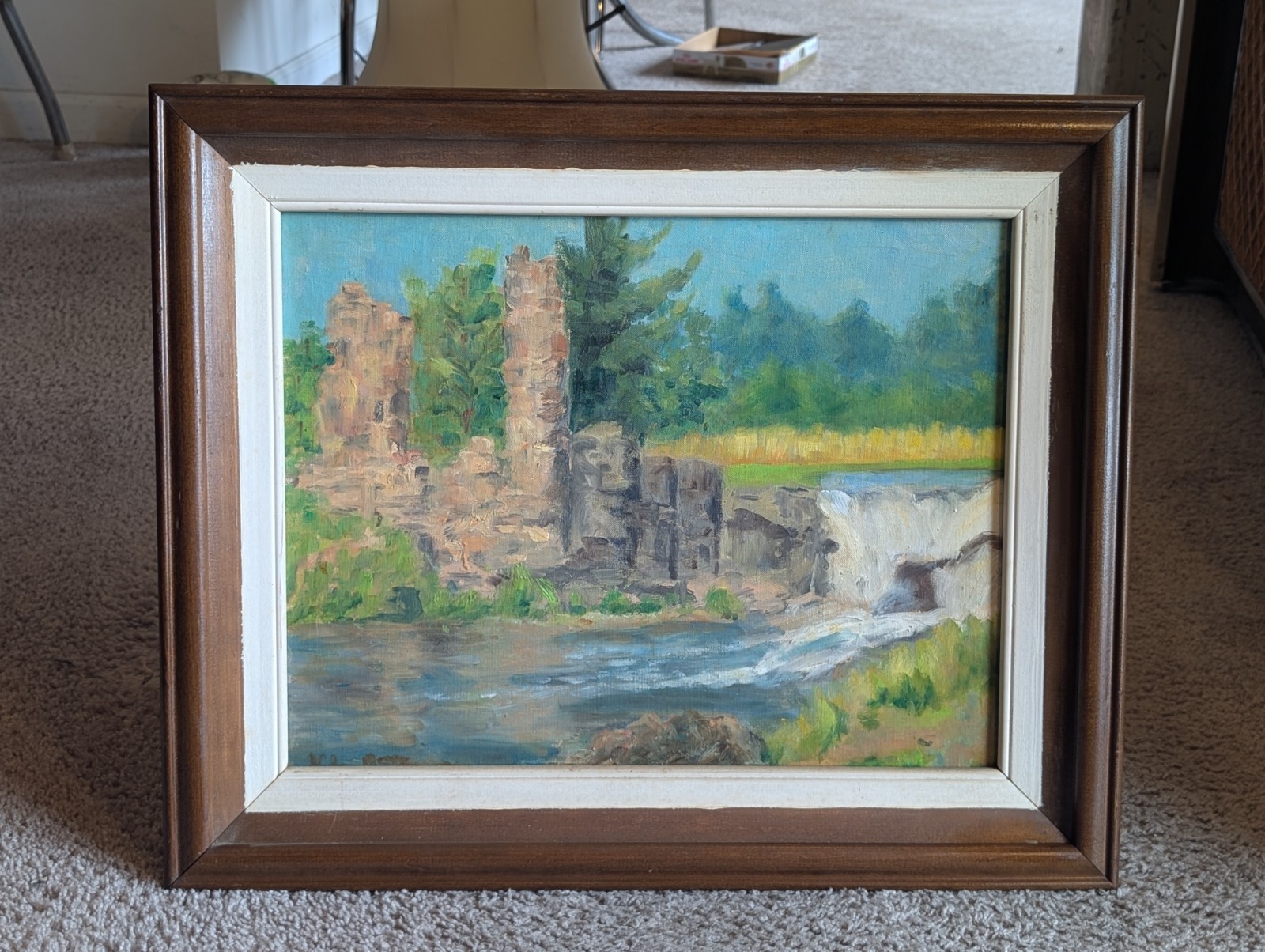 Vintage 1965 Landscape Ruins Waterfall Framed 19″x23″ Signed Oil Painting